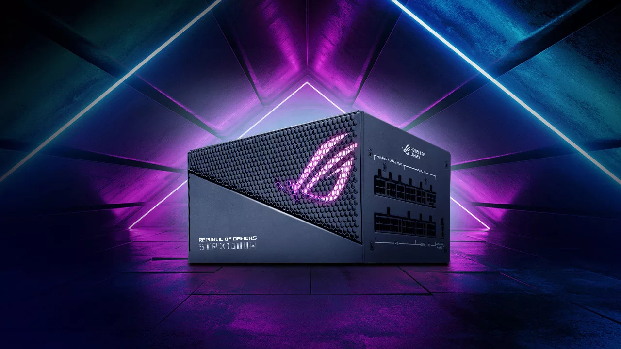The ROG Strix Aura Gold power supply, with purple lights shining from behind and on the illuminated ROG logo.