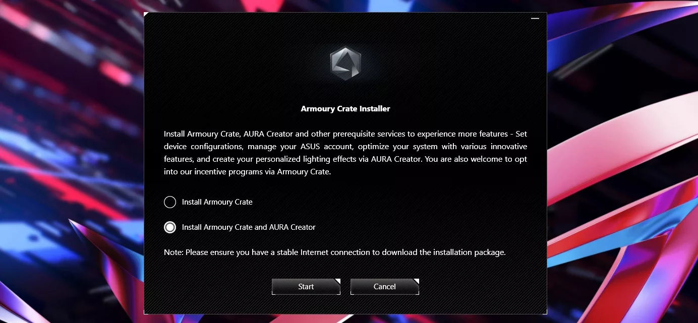 A screenshot of the Armoury Crate installer, with a prompt to install Aura Creator.
