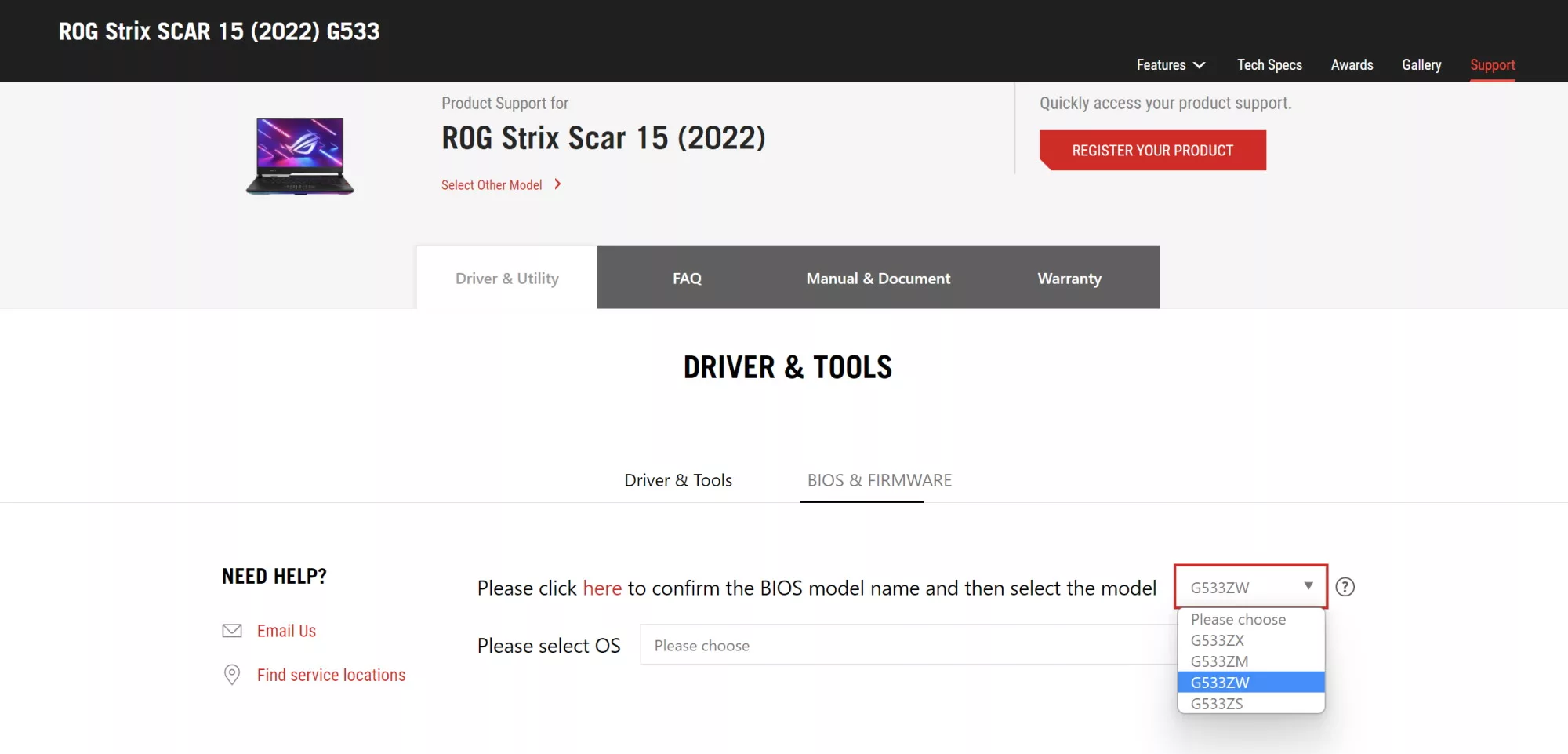 Driver tab on the ROG Strix SCAR support website, with a dropdown menu highlighted.