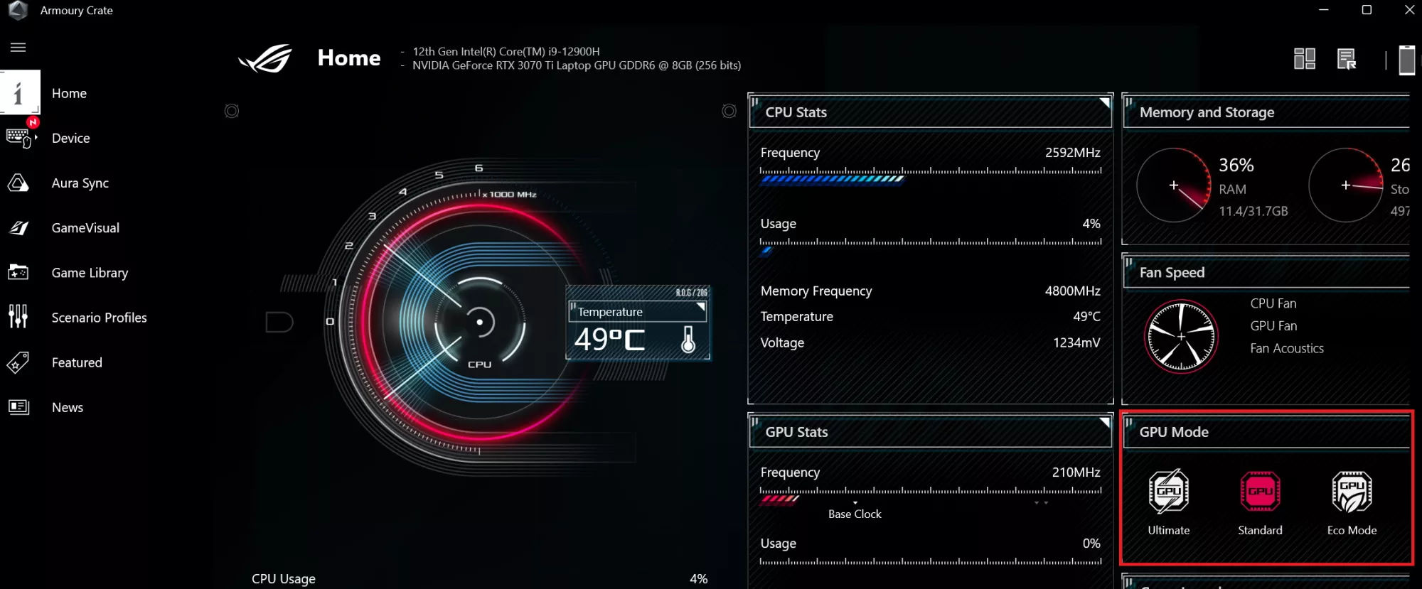 Main menu of Armoury Crate, with a highlight on the GPU mode selection.