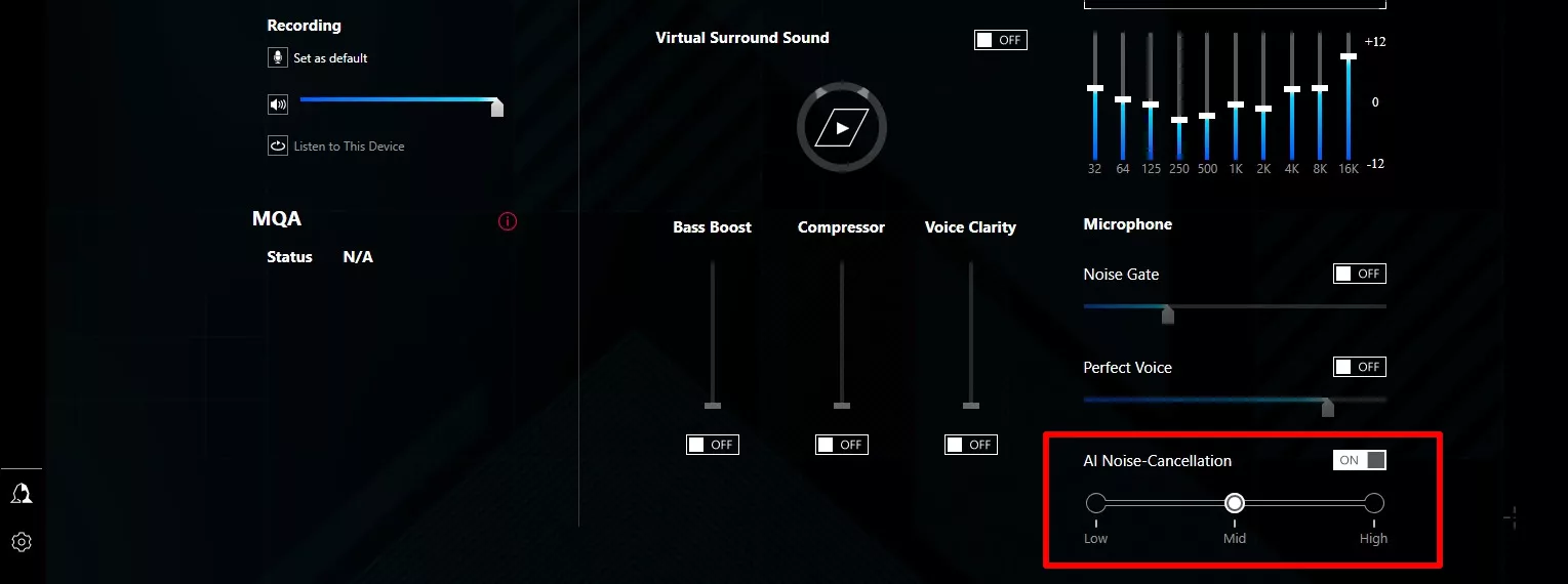 A screenshot of the Armoury Crate software with the AI Noise Cancelation option highlighted.