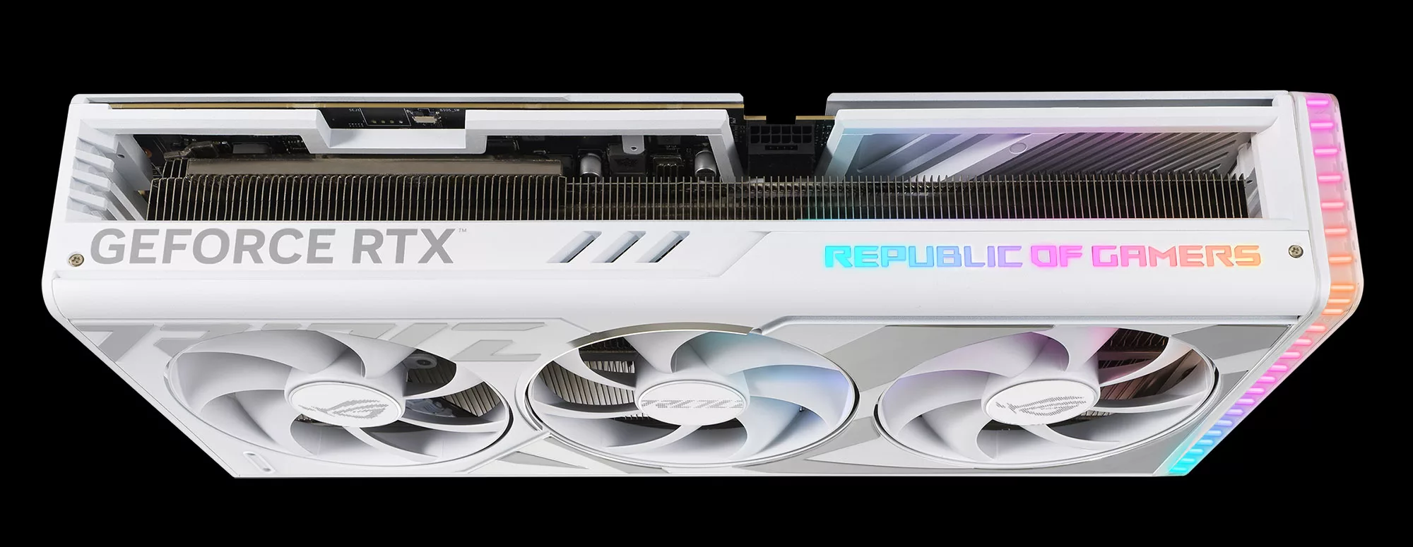 A front view of the ROG Strix GeForce RTX 4080 White Edition on a black background.