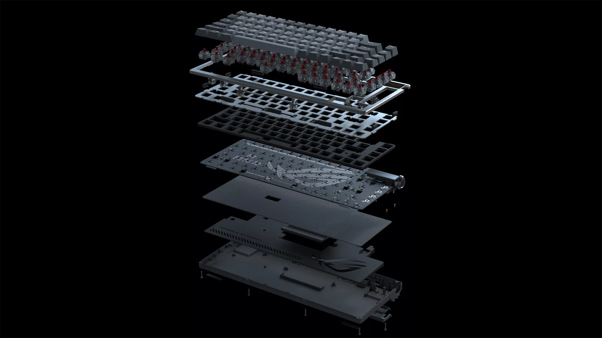 An exploded view of the ROG Azoth keyboard, showing the layers of dampening foam between the other components.