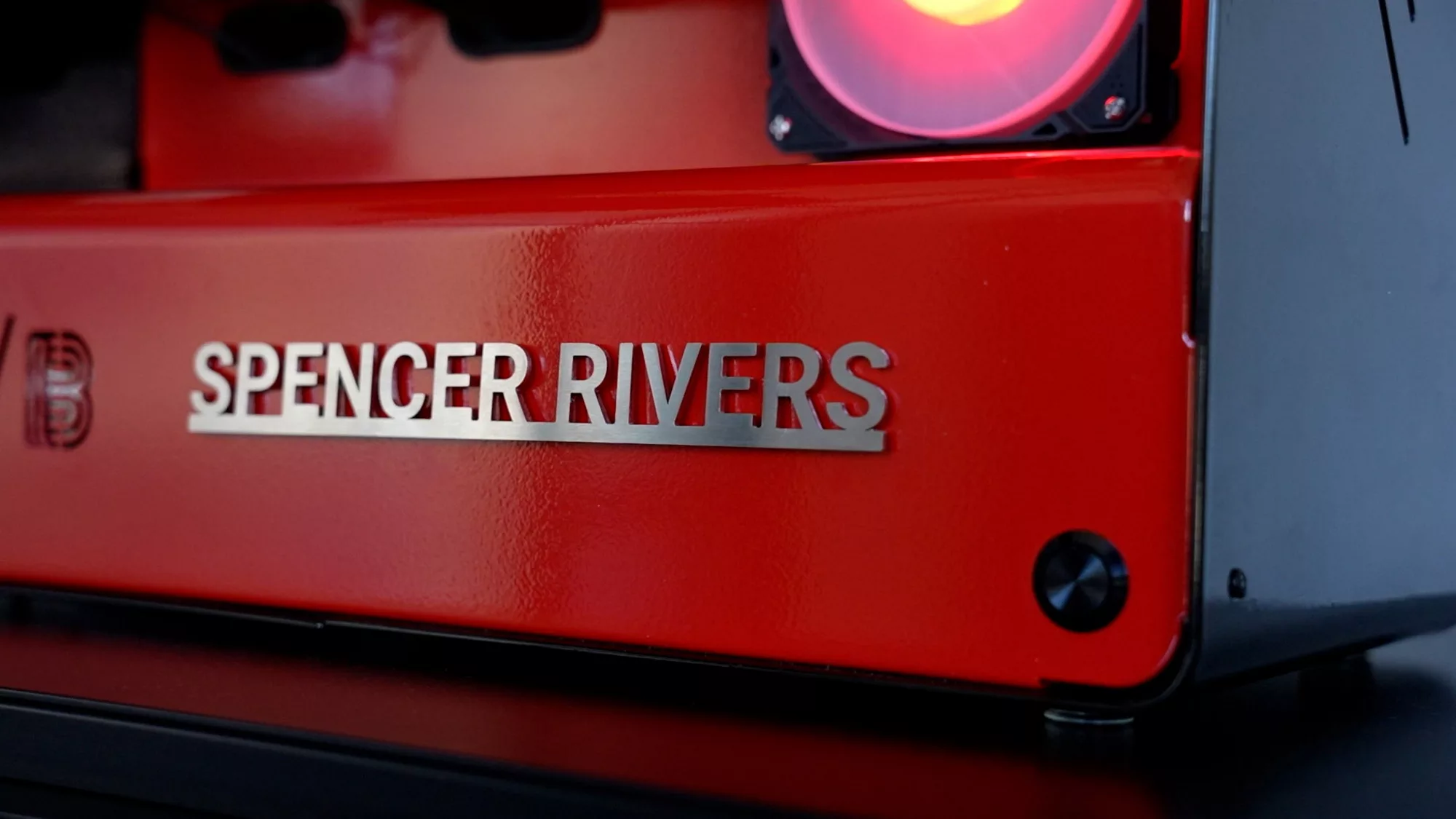 Closeup view of the custom nameplate for the Spencer Rivers PC build