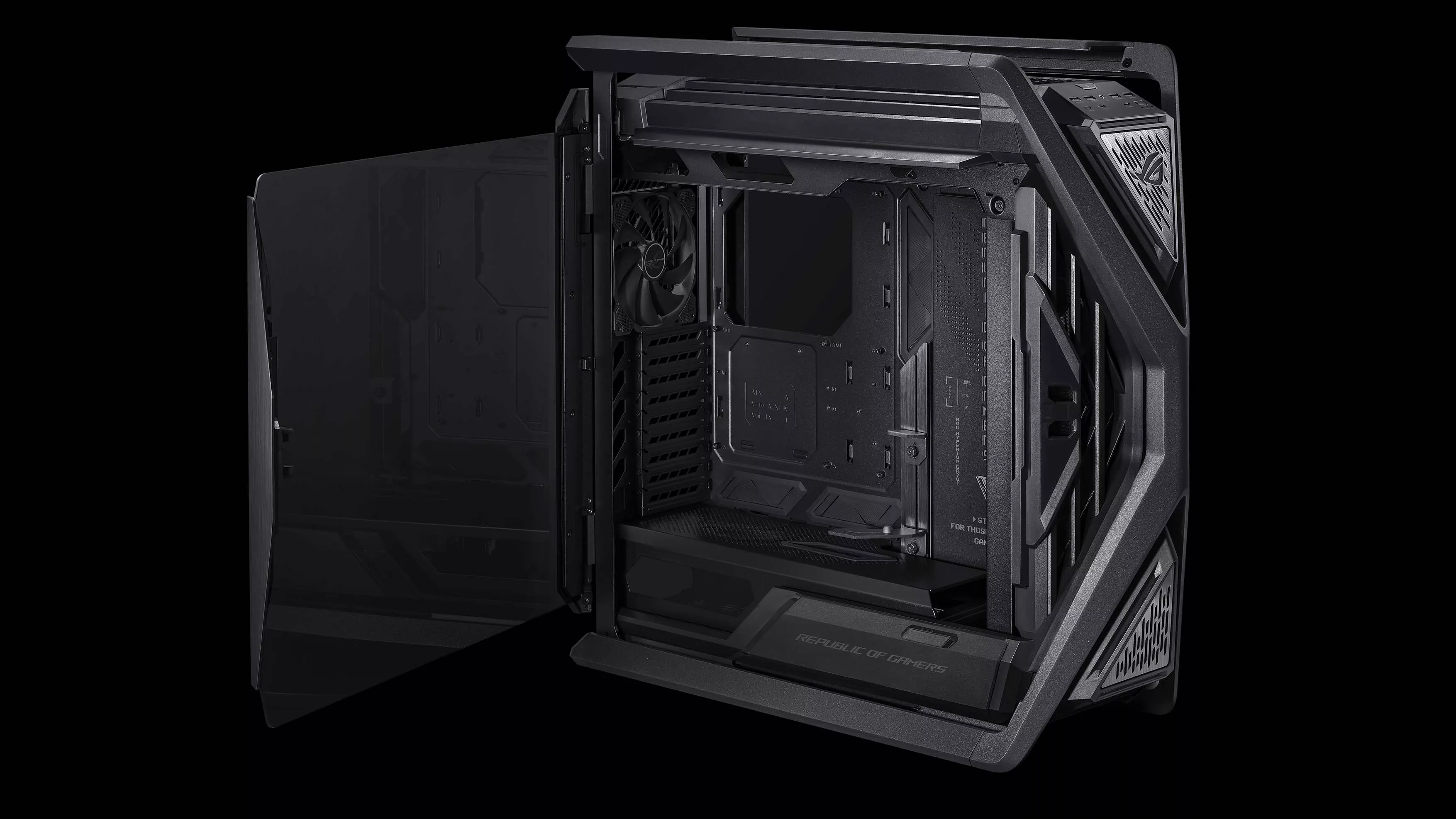 A side view of the ROG Hyperion case with its side panel opened, on a black background.