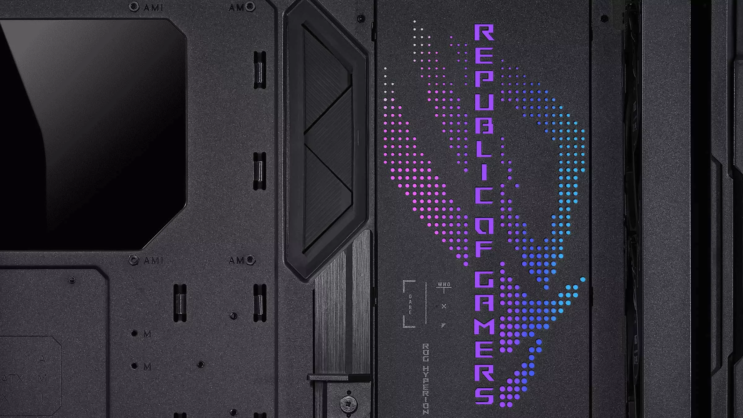 The inside of the ROG Hyperion case, showcasing the blue and purple ROG logo inside the case.