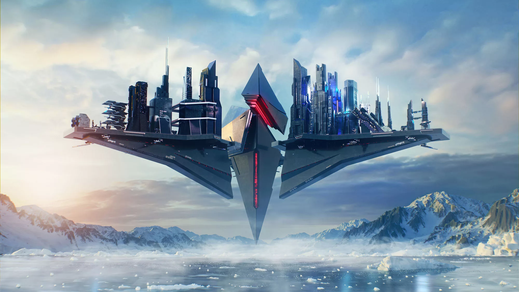 A futuristic city floating in a blue sky over a frozen lake.