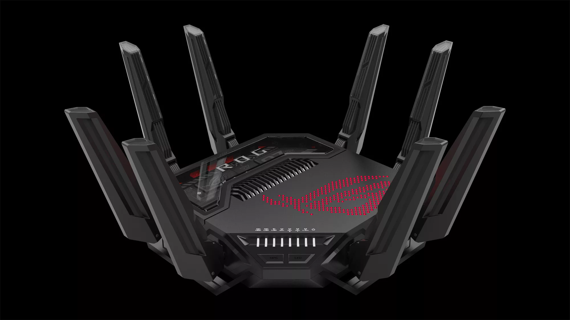 The ROG Rapture GT-BE96 gaming router on a black background.