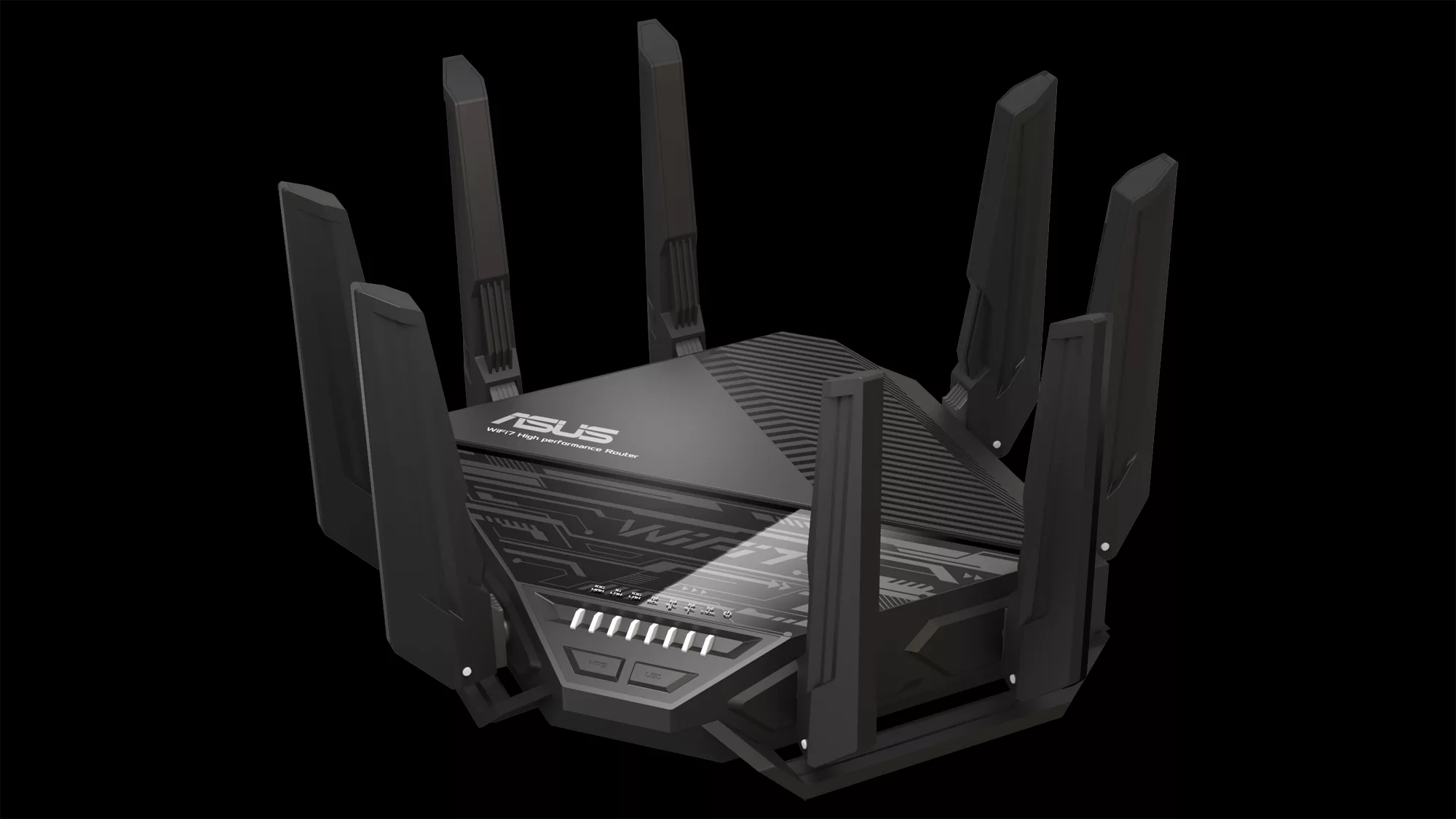 The ASUS RT-BE96U router on a black background.
