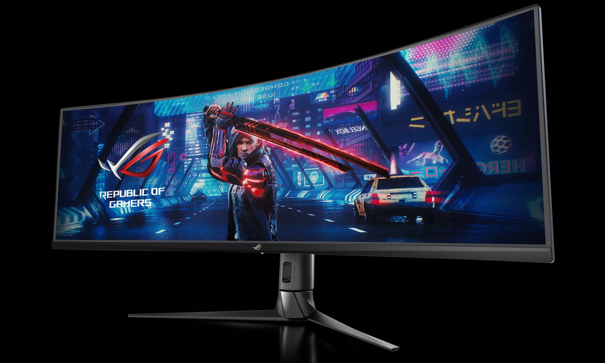 The ROG XG49WCR monitor on a black background, with a futuristic city shown on screen.