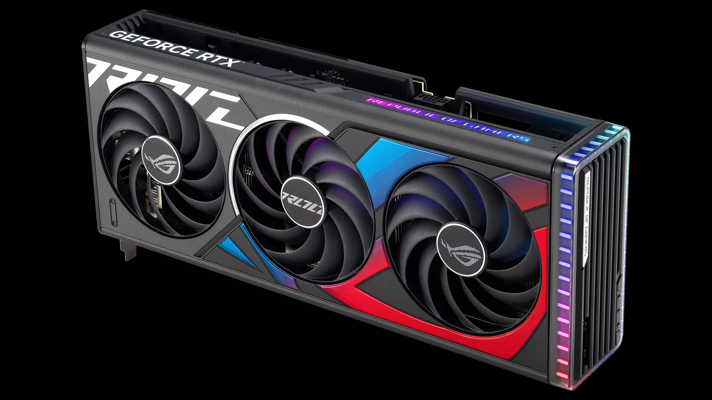 Angled top down view of the ROG Strix GeForce RTX 4070 Ti graphics card highlighting the fans and ARGB element.