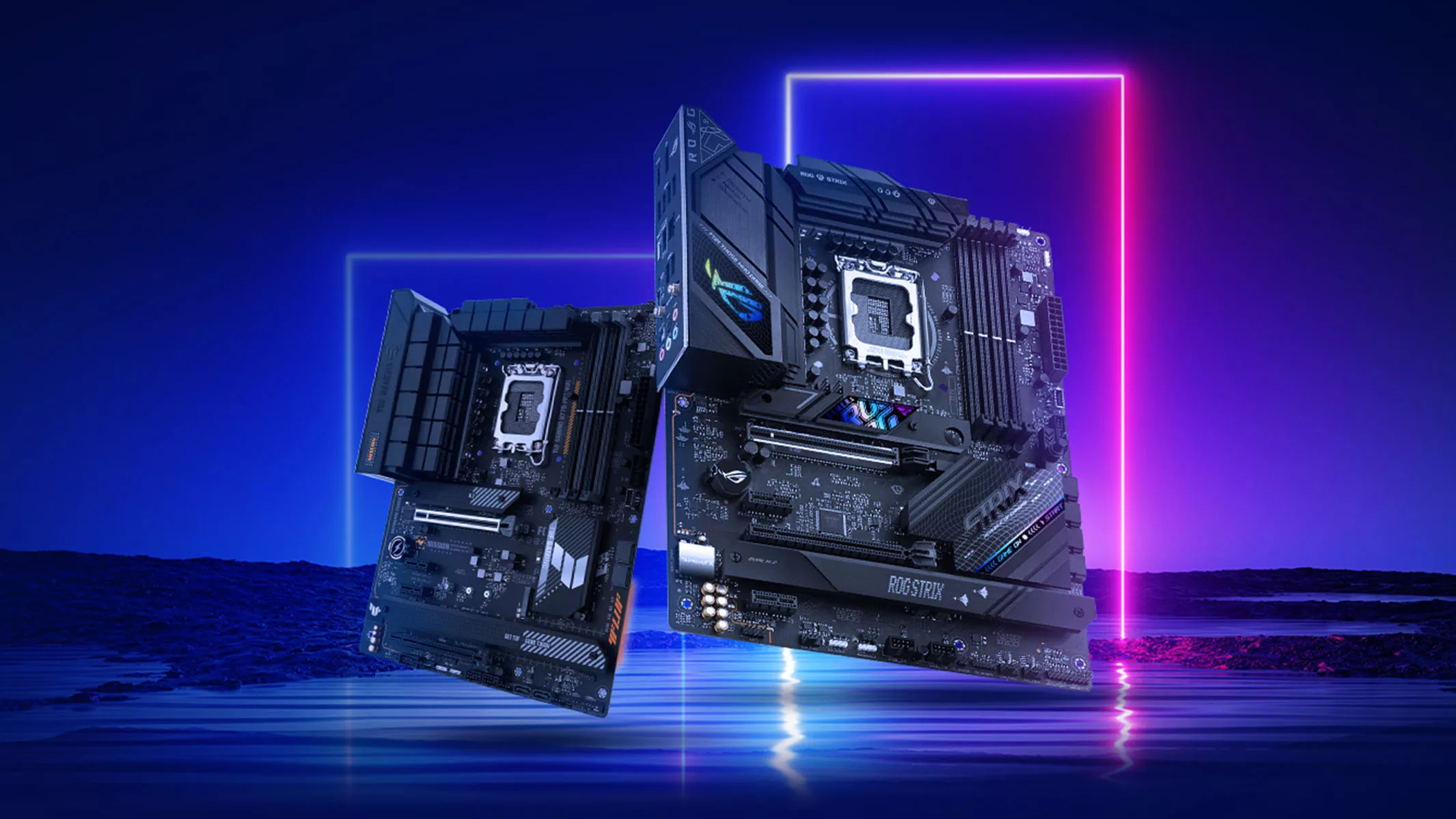 TUF Gaming and ROG Strix B760 motherboards across a futuristic background of neon lights.