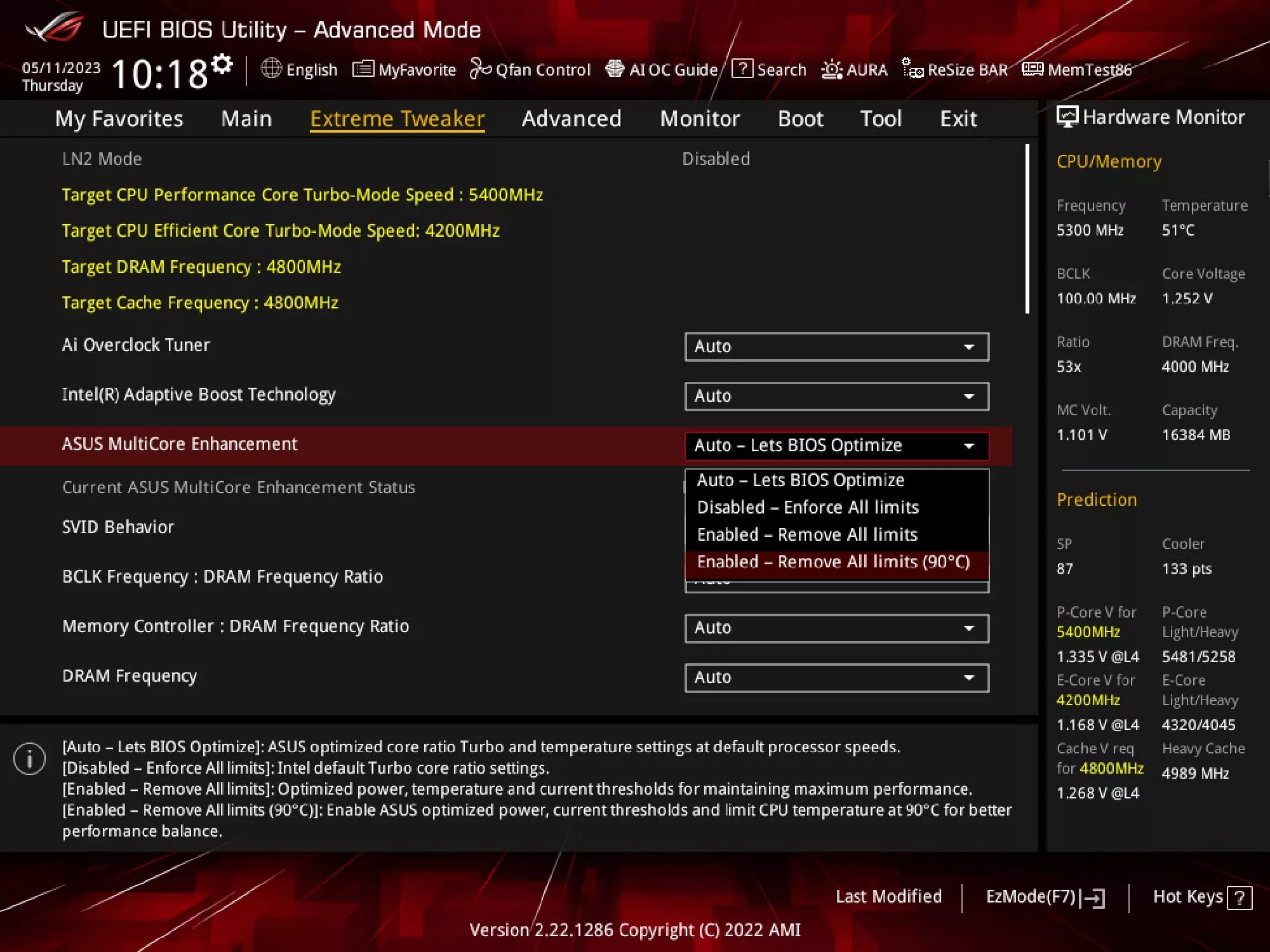 Screenshot of the UEFI Bios showing the options for ASUS MultiCore Enhancement.