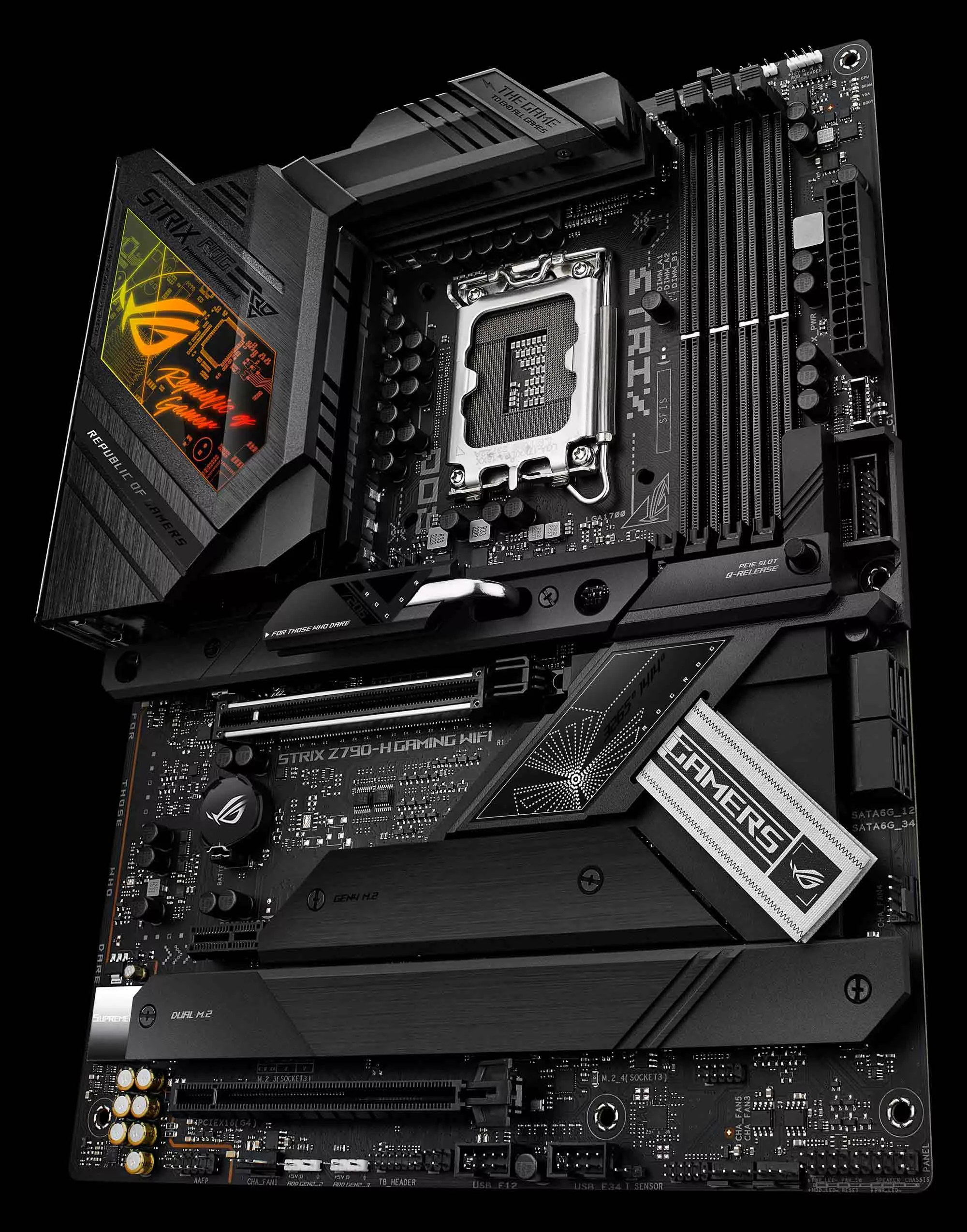 The ROG Strix Z790-H Gaming WiFi motherboard on a black background.