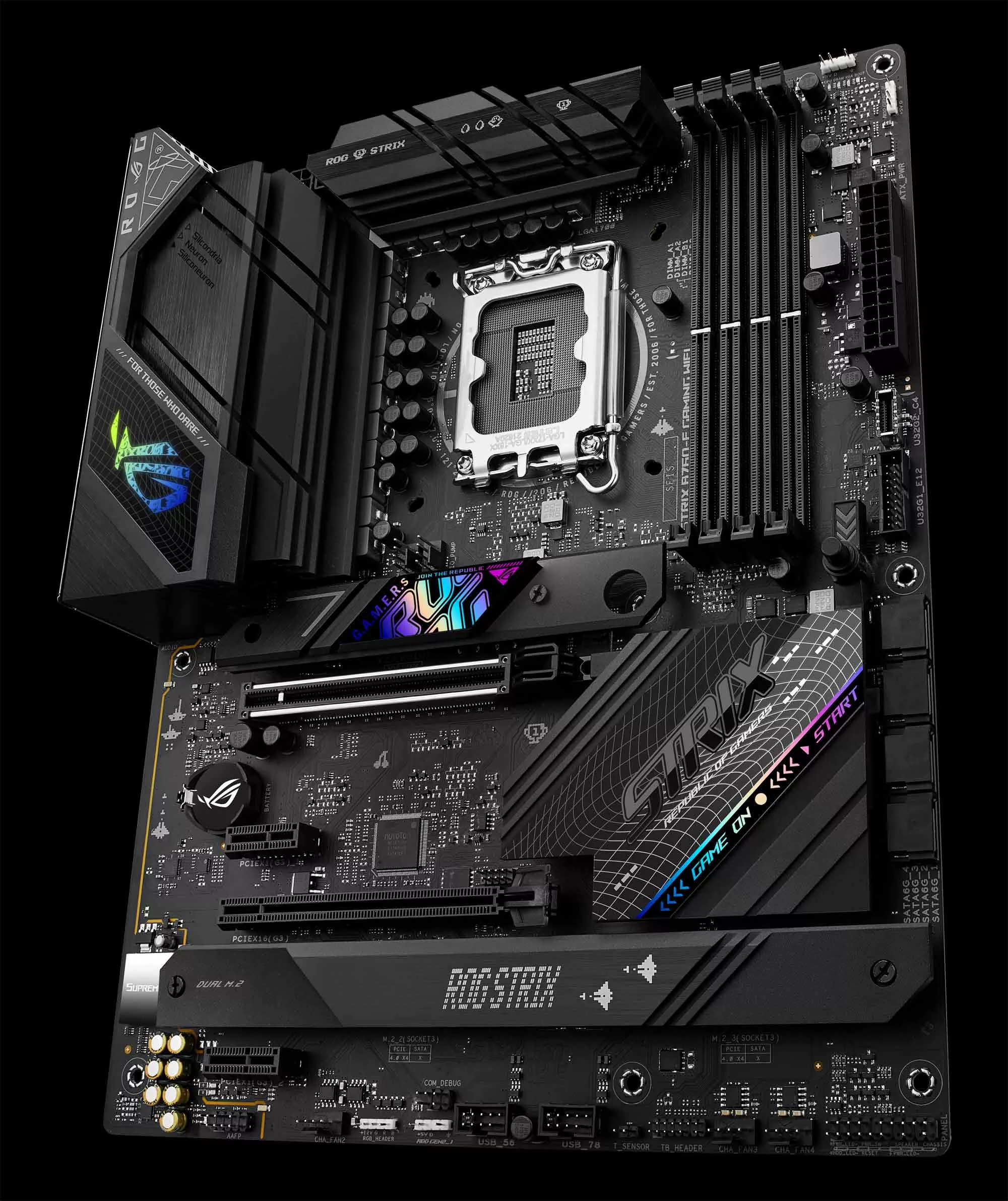 The ROG Strix B760-F Gaming WiFi motherboard on a black background.