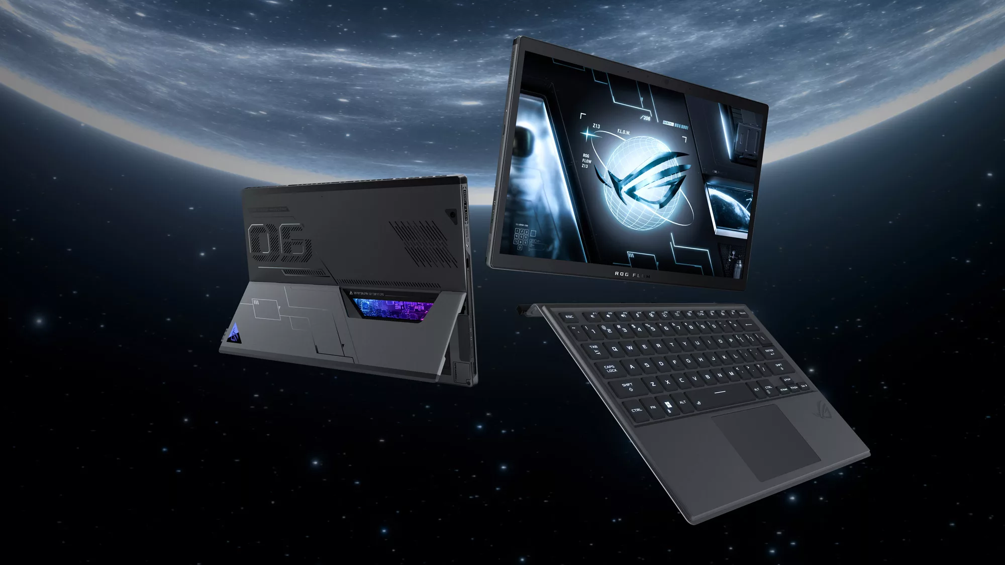 Two ROG Flow Z13s, one rear view and one front view with the detachable keyboard floating in space.