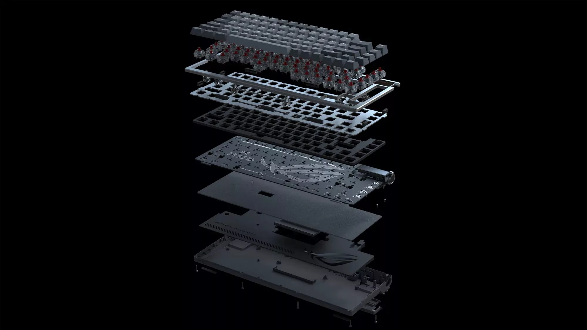 Eine Explosionsansicht der ROG Azoth-Tastatur, die die dämpfenden Schaumstoffschichten zwischen den anderen Komponenten zeigt.