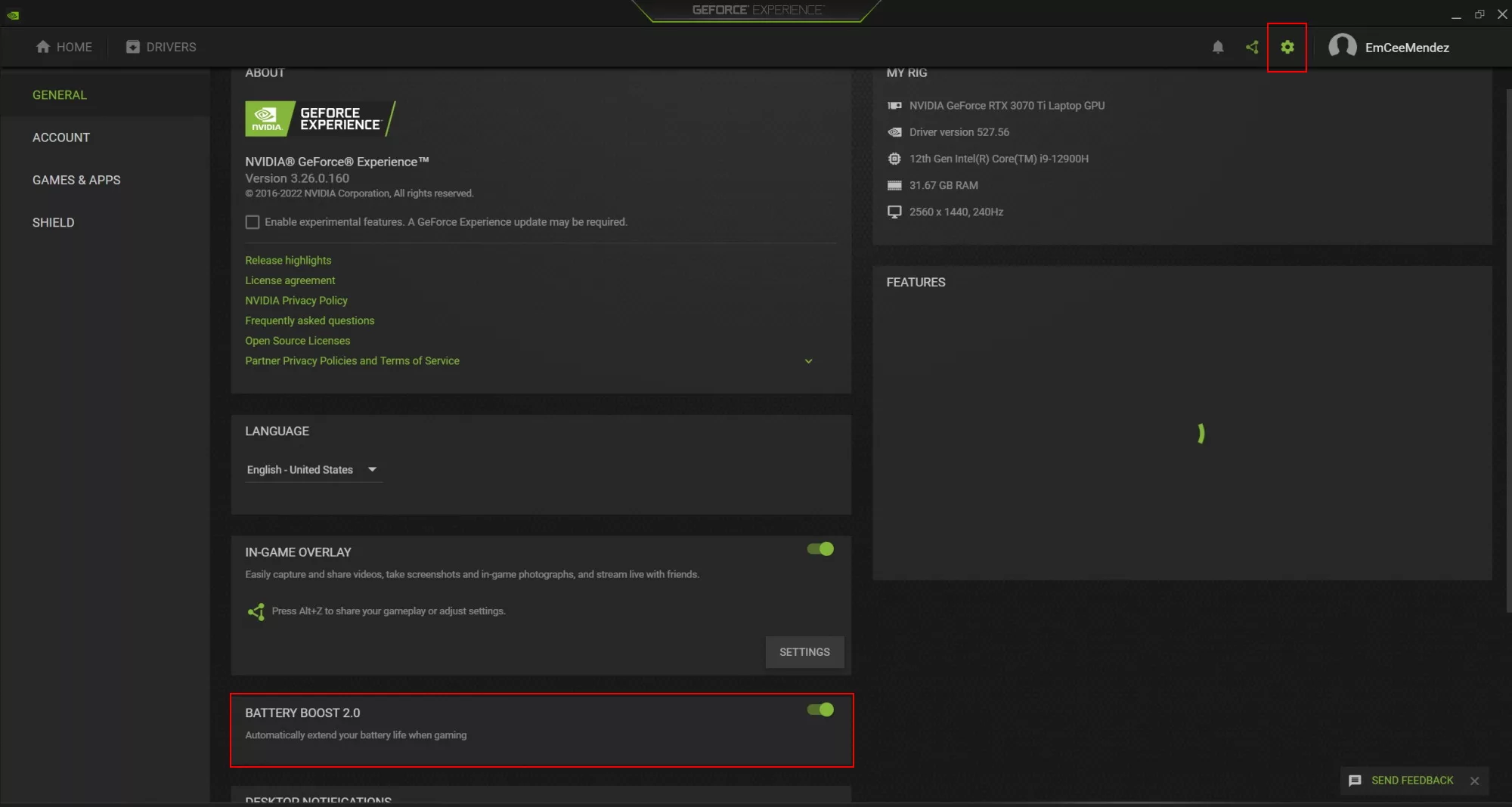 Screenshot of NVIDIA GeForce Experience settings, with emphasis on the location of the BatteryBoost 2.0 toggle.