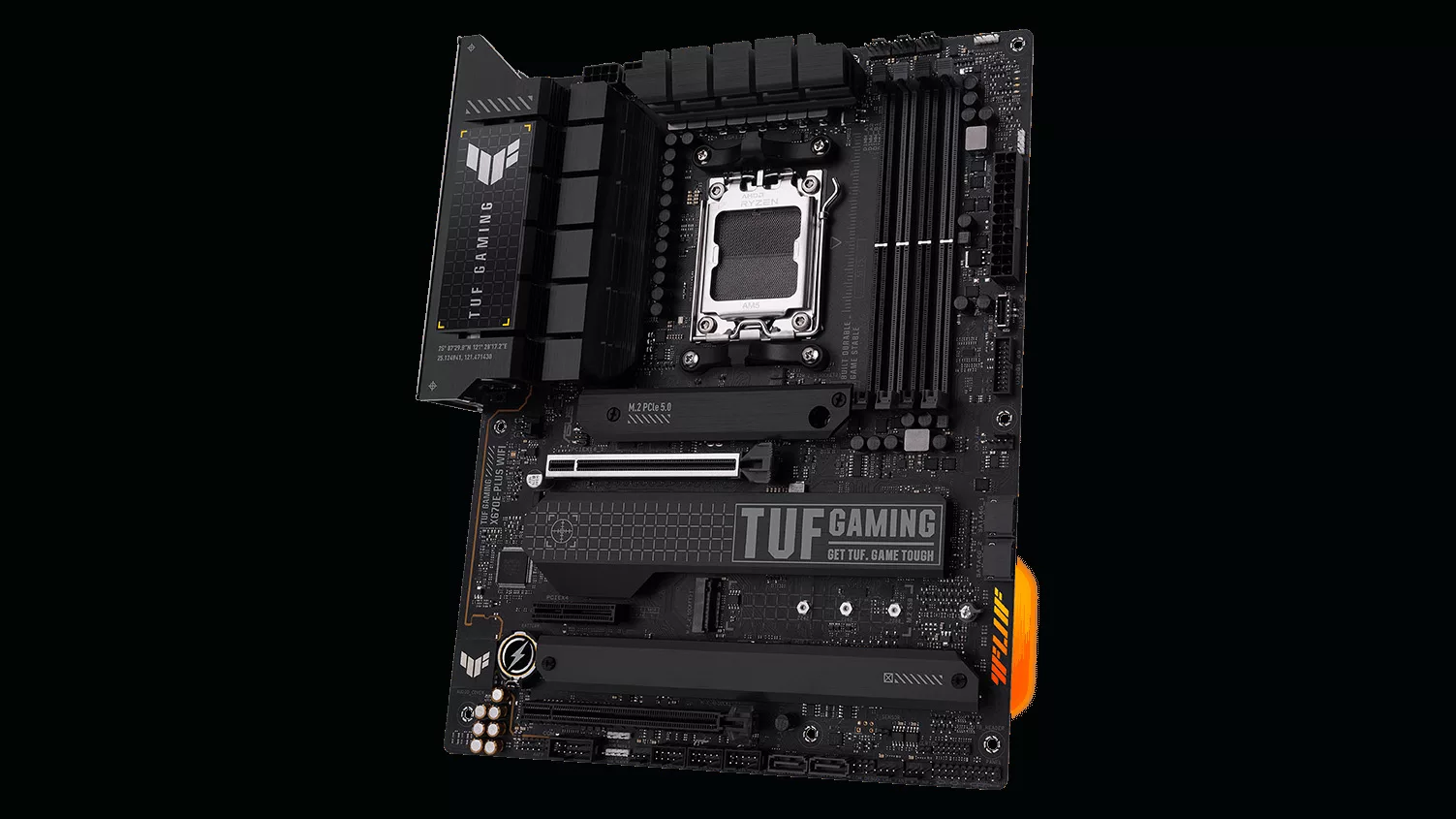 The TUF X670E-Plus motherboard on a black background.
