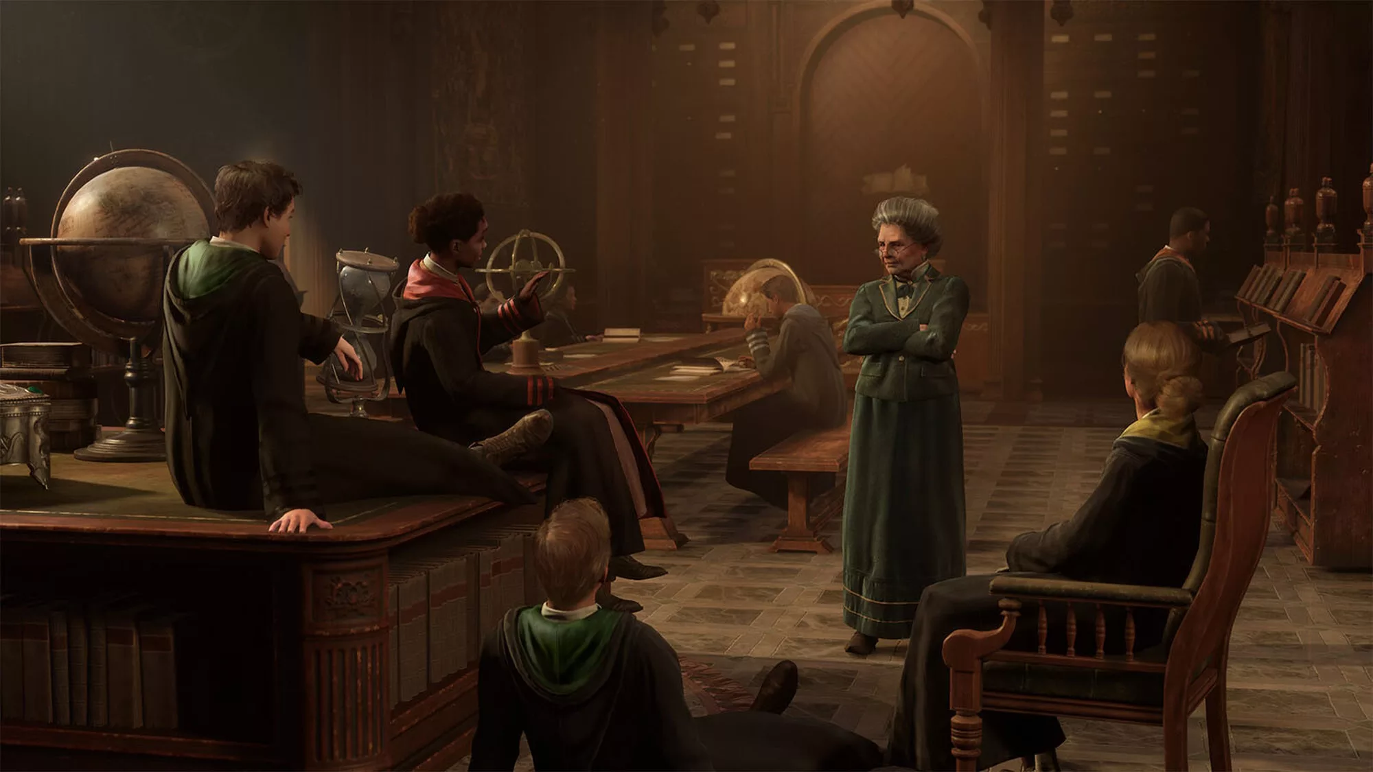 A screenshot of Hogwarts Legacy showing students sitting together in the library