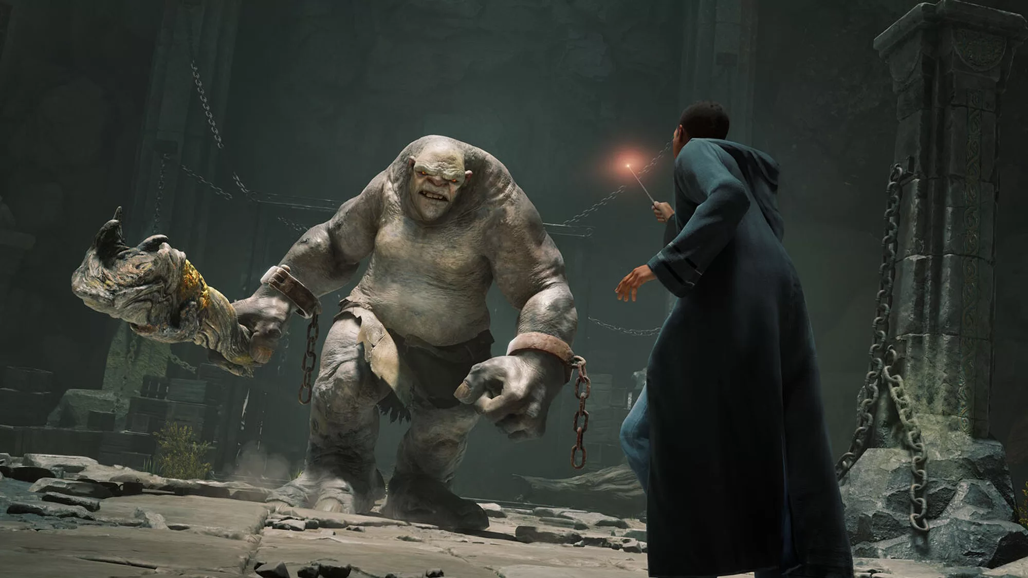A screenshot of Hogwarts Legacy showing a player facing off against a troll
