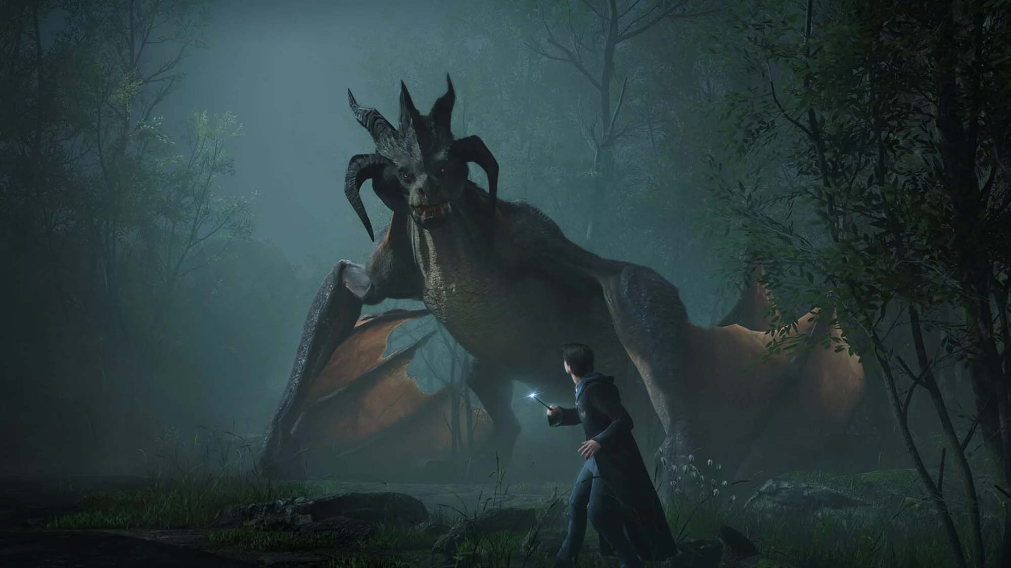 A screenshot of Hogwarts Legacy showing a dragon landed on the ground with the character in front