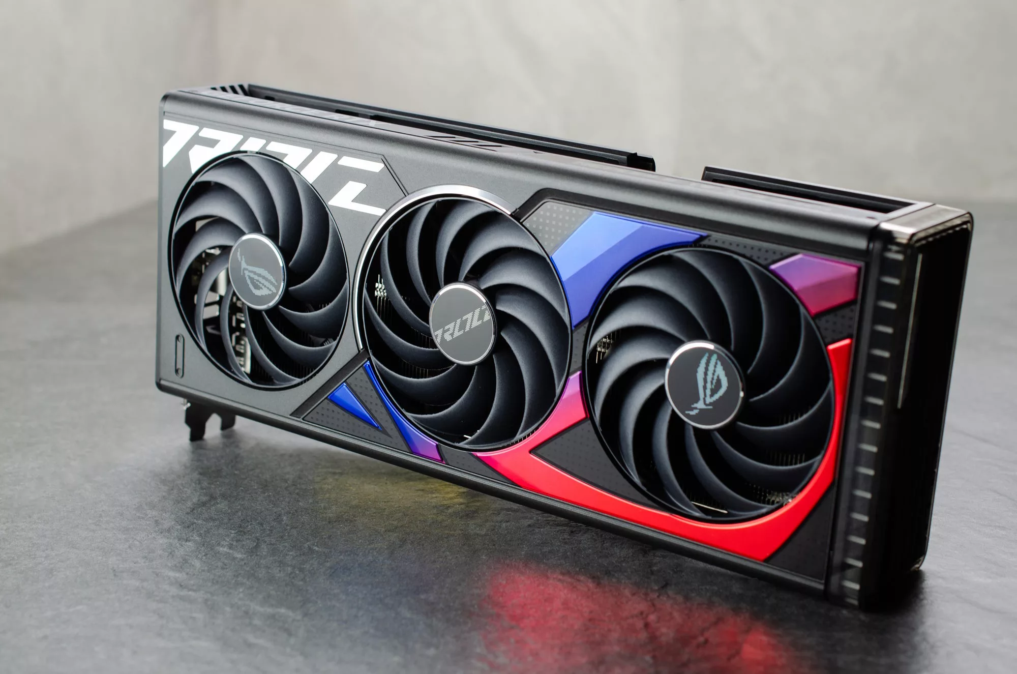 A front view of the ROG Strix GeForce RTX 4070 Ti graphics card