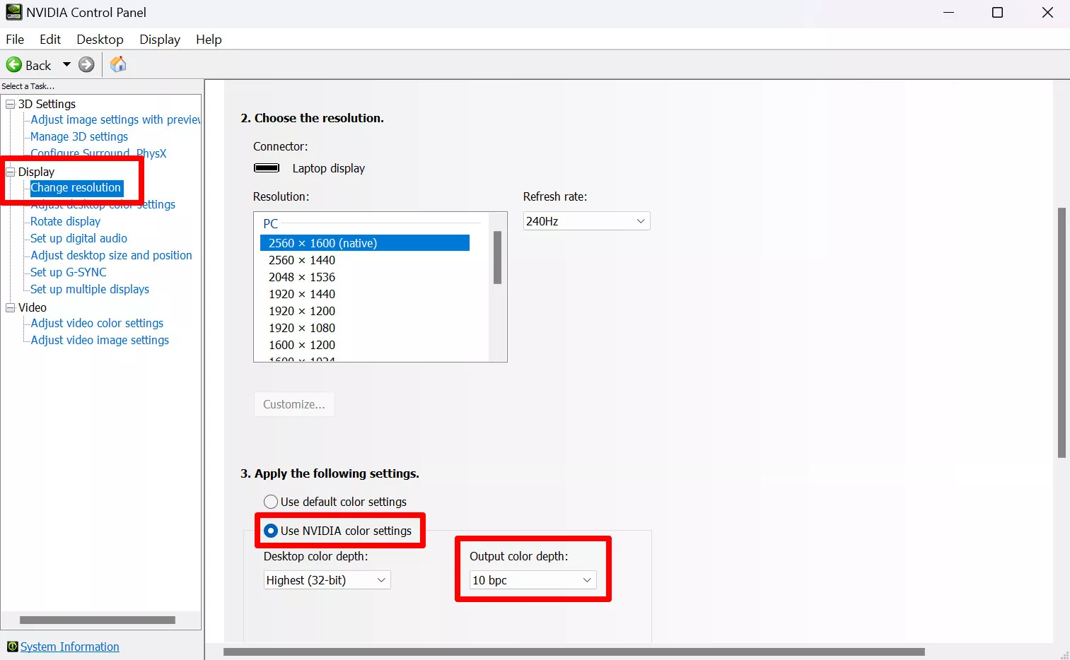 Скриншот панели управления NVIDIA с выделенным параметром 10-битной глубины цвета.