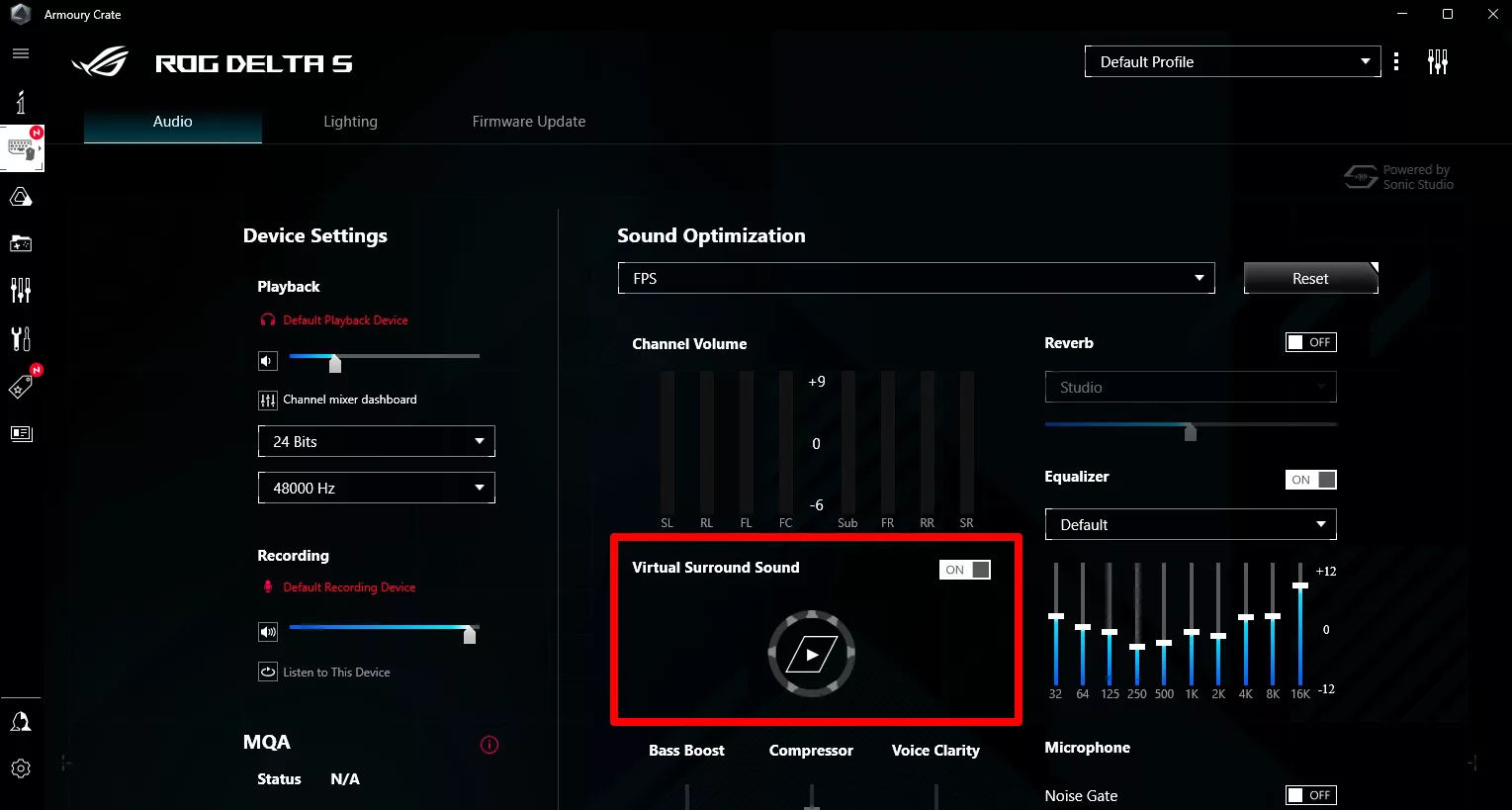 A screenshot of the ROG Delta S audio settings in Armoury Crate, with the Virtual Surround Sound option highlighted.