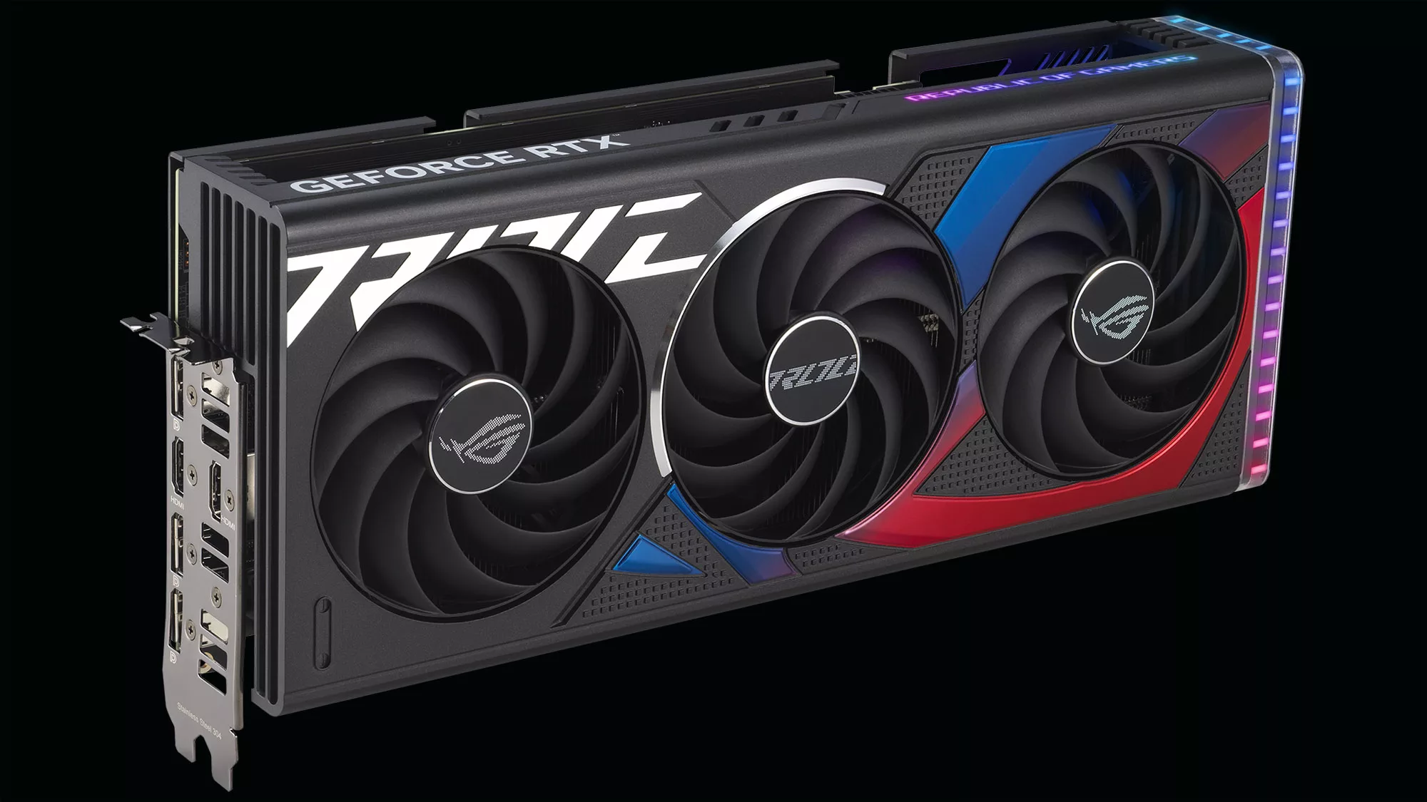 ROG Strix GeForce RTX 4070 angled top down view, highlighting the fans, ARGB element, and IO ports.