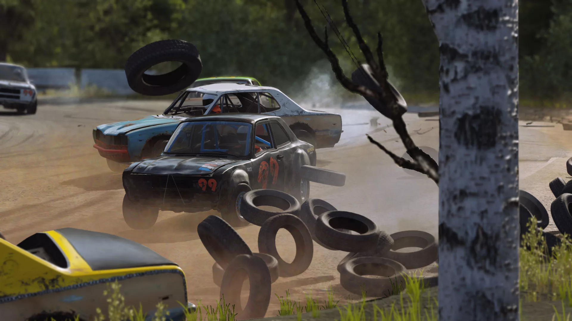 Two beat-up cars driving through a dirt arena.