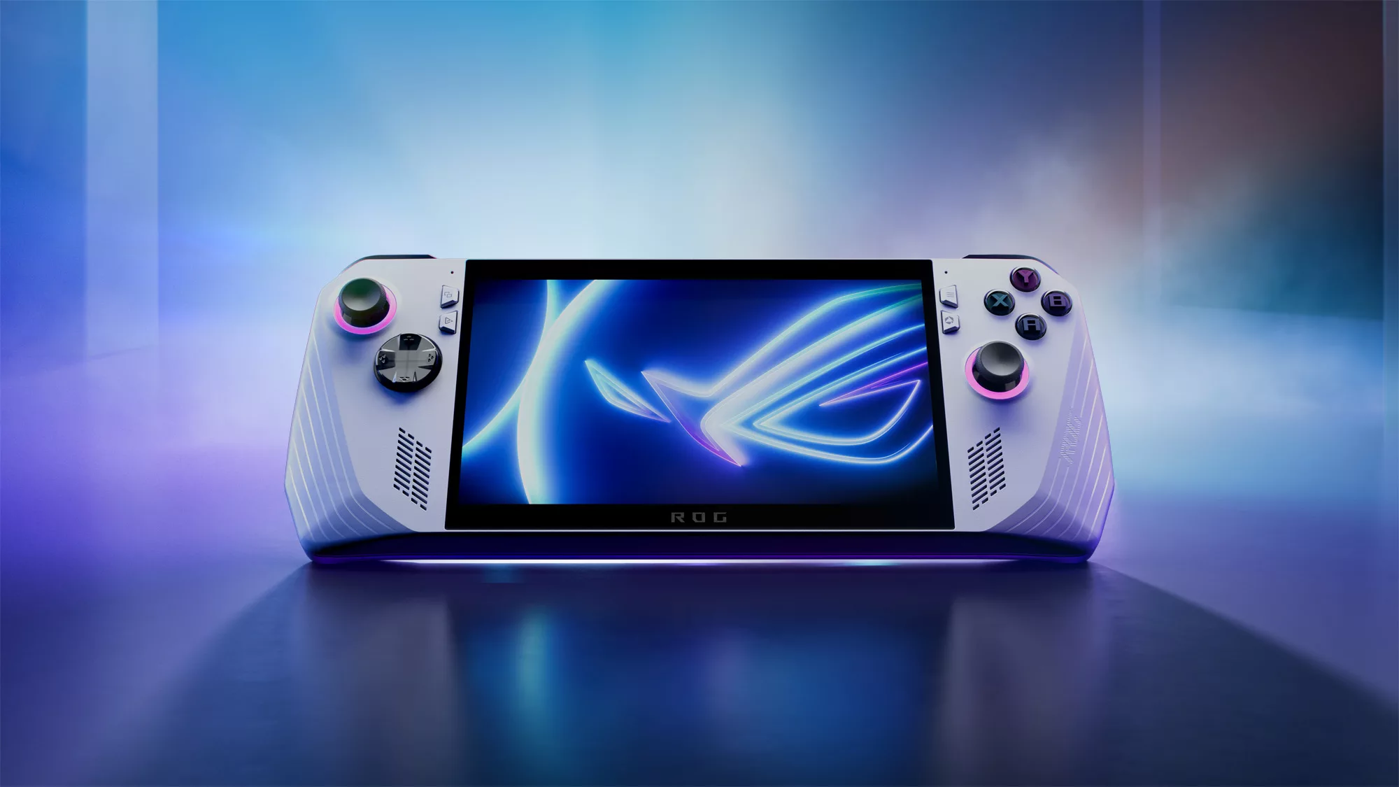 The ROG Ally handheld game system on a blue background surrounded by light rays.