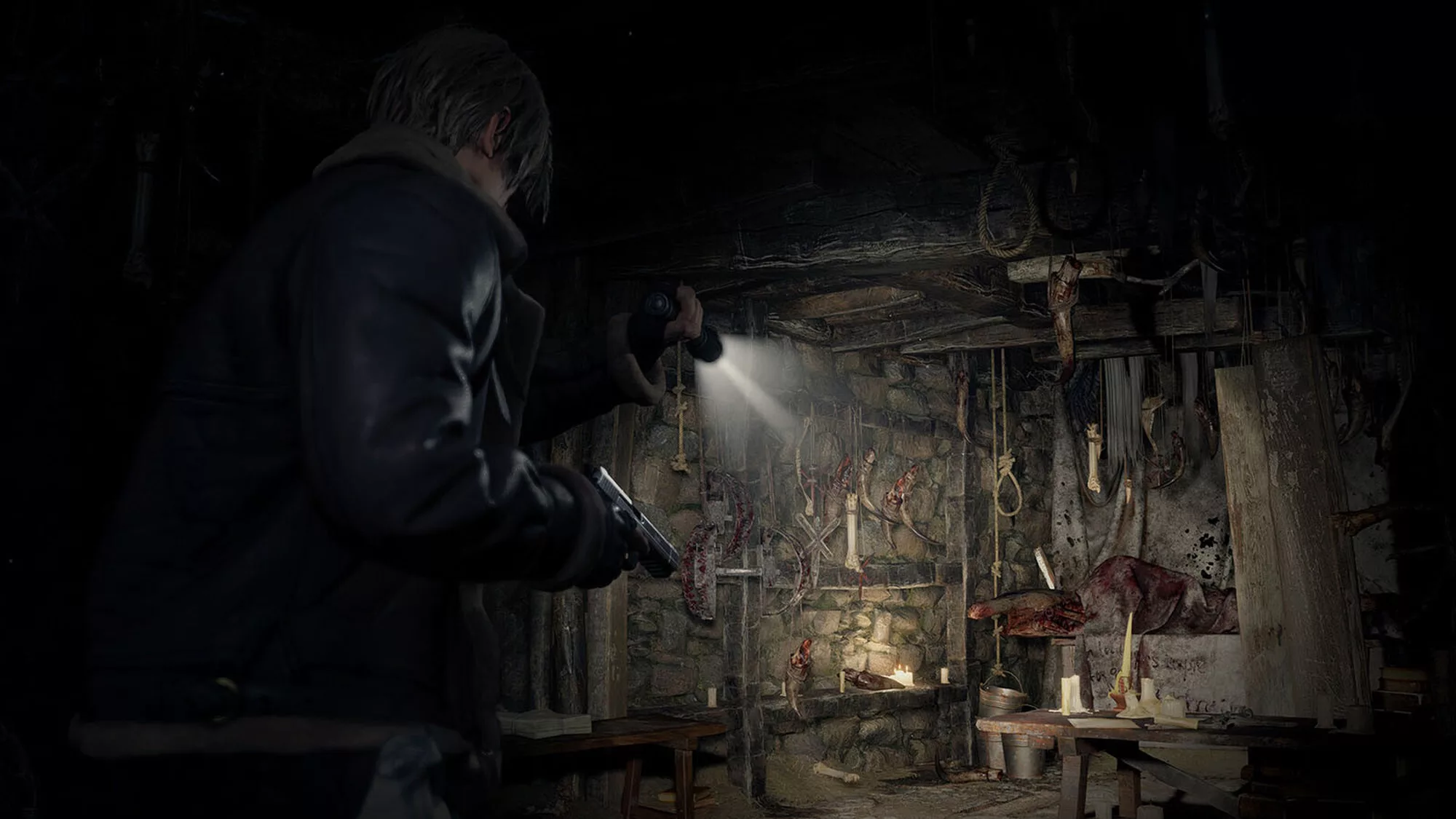 Gameplay screenshot from Resident Evil 4 showing the character moving through a creepy basement