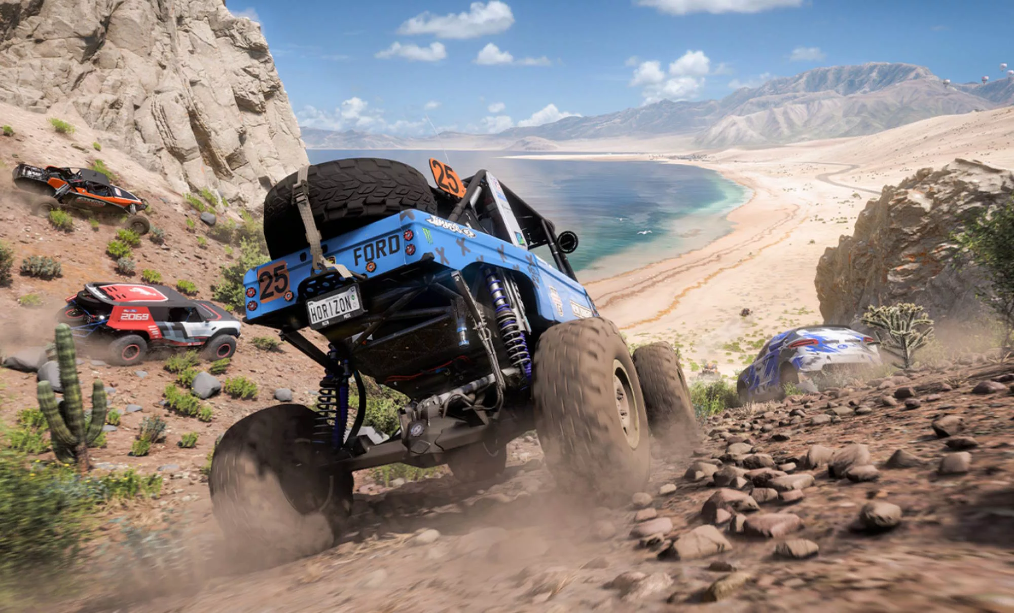 A screenshot from Forza Horizon 5 showing an off-road rally vehicle in a race