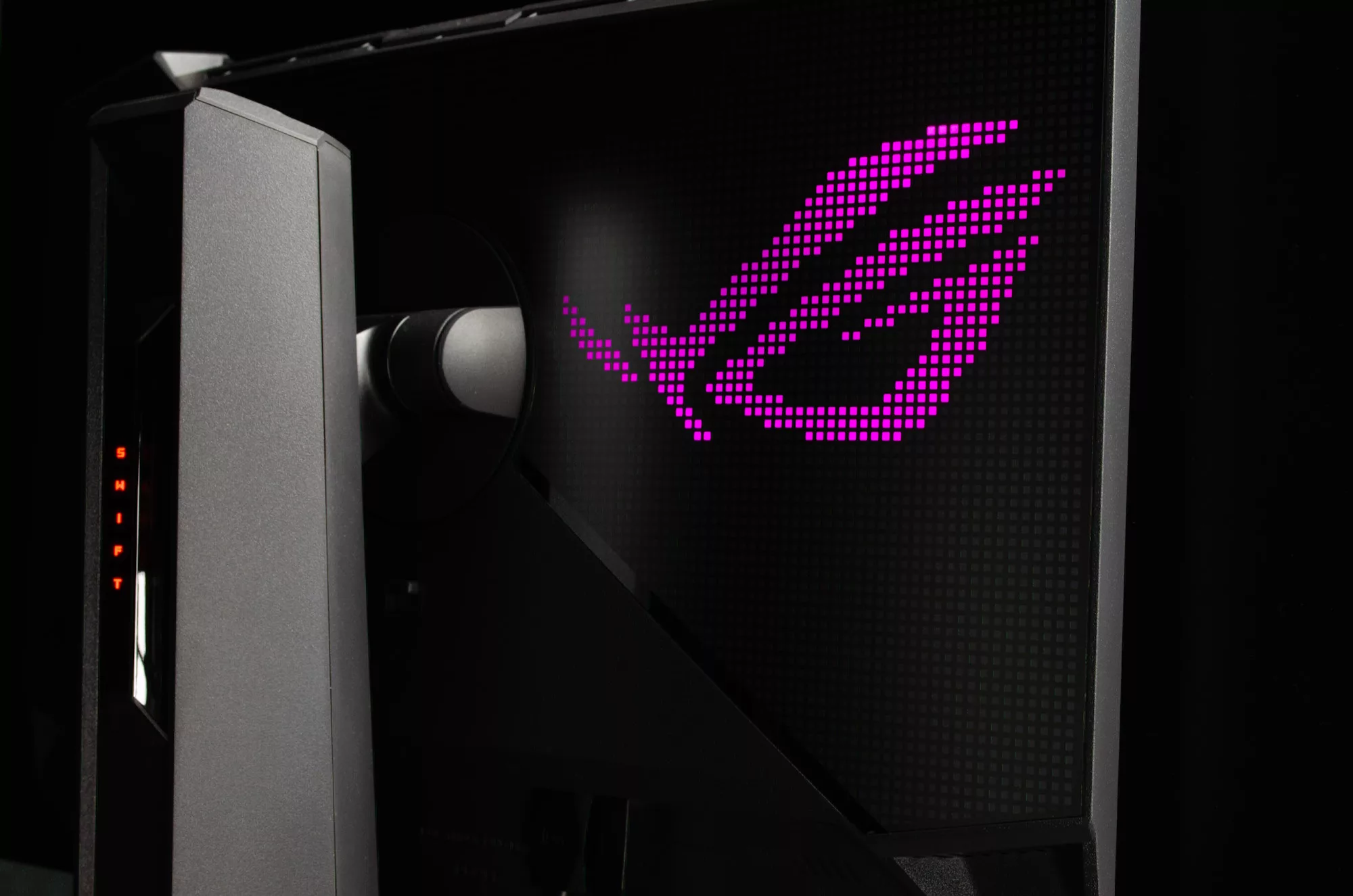 A view of the large, customizable ROG logo on the back of the PG27AQDM