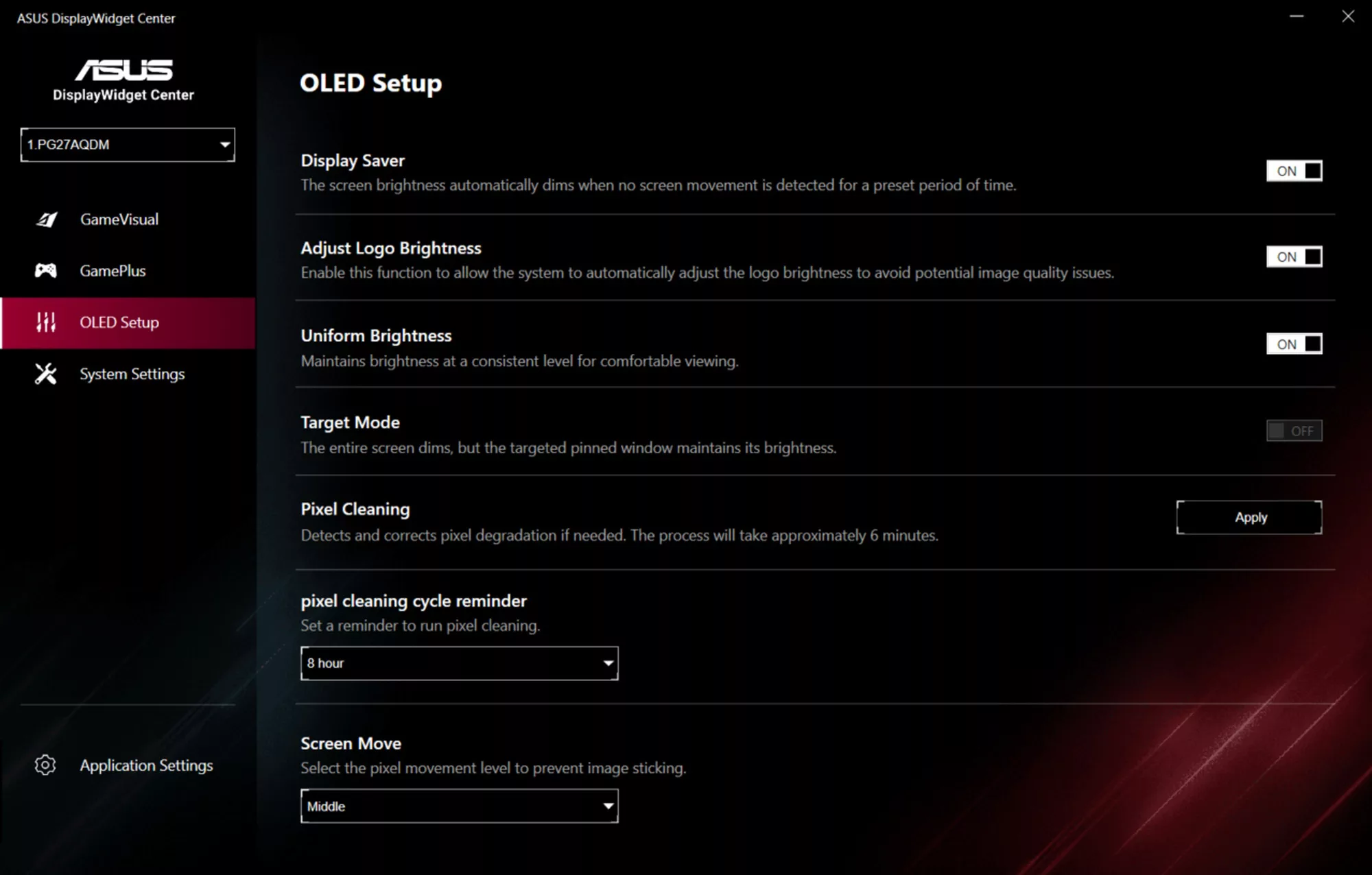 A screenshot of the DisplayWidget Center app, showing the OLED setup controls
