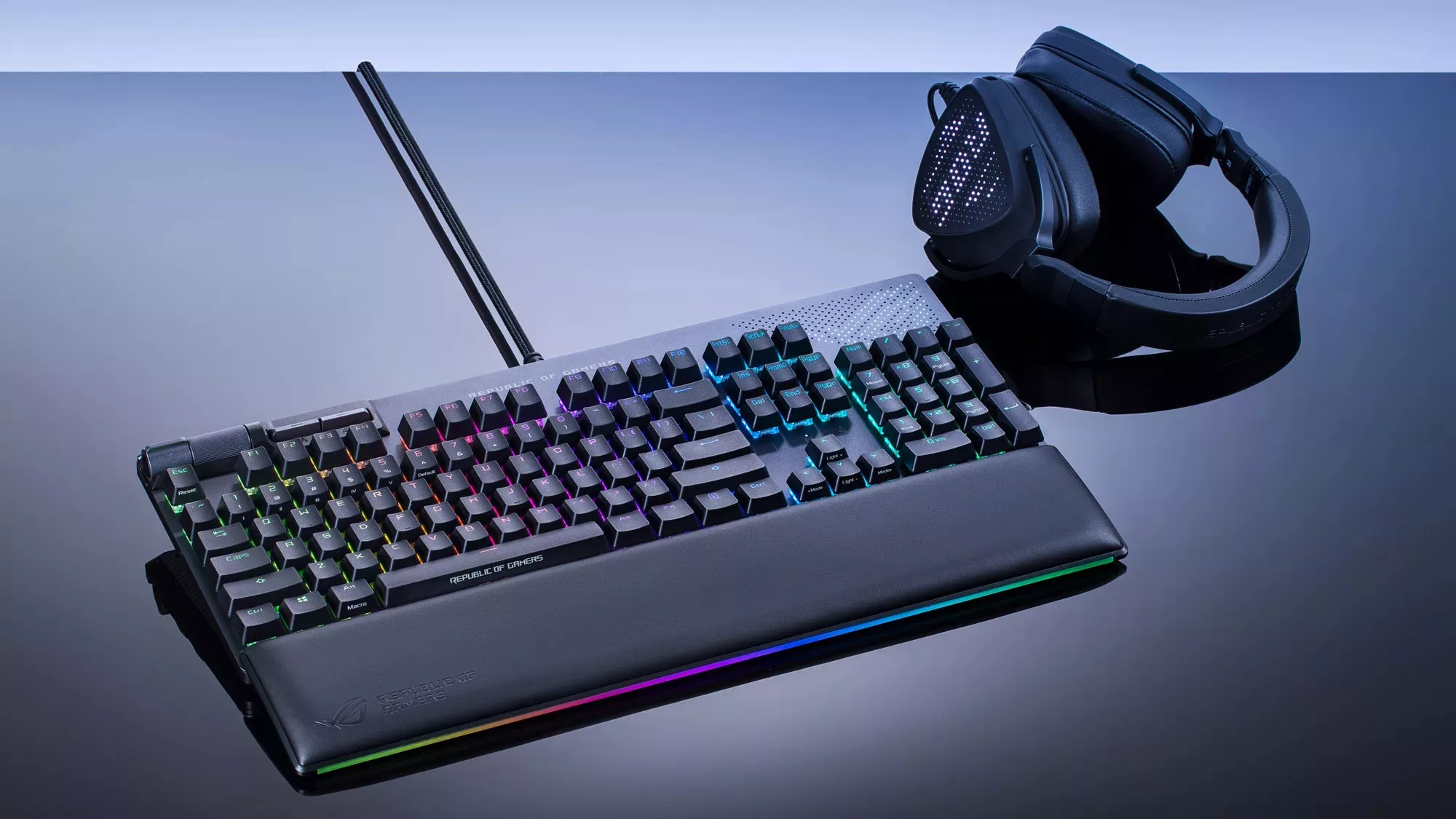 The ROG Delta S Animate headset and ROG Strix Flare II Animate keyboard together on a desk