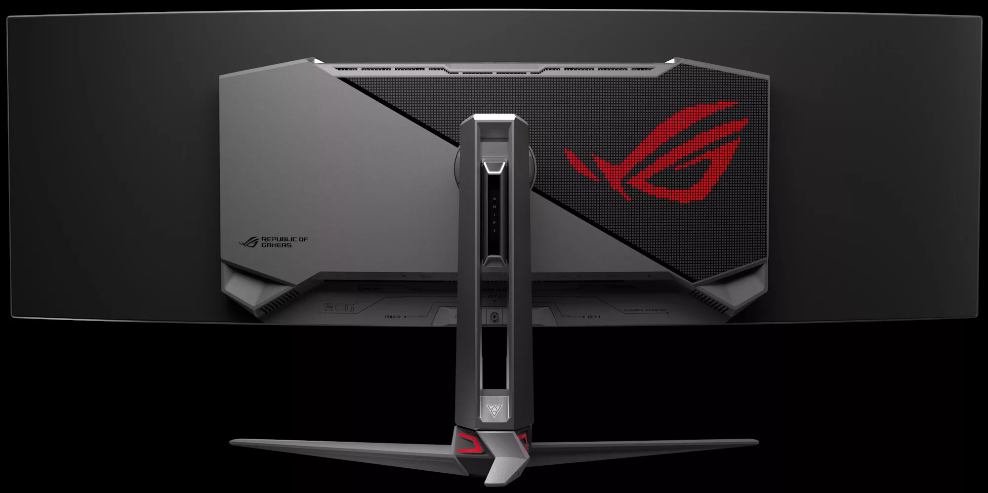 A rear view of the ROG Swift OLED PG49WCD gaming monitor showing the heatsink and stand