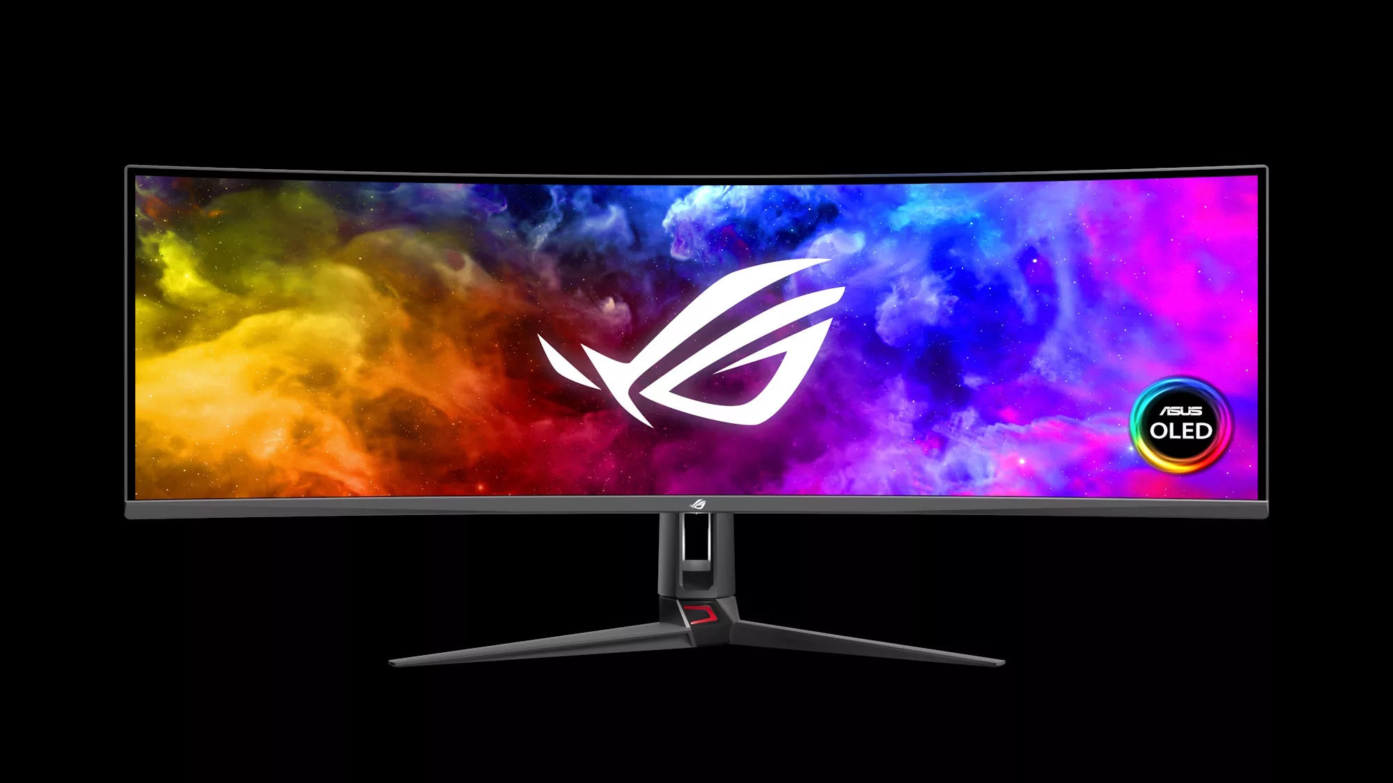 A front view of the ROG Swift OLED PG49WCD gaming monitor
