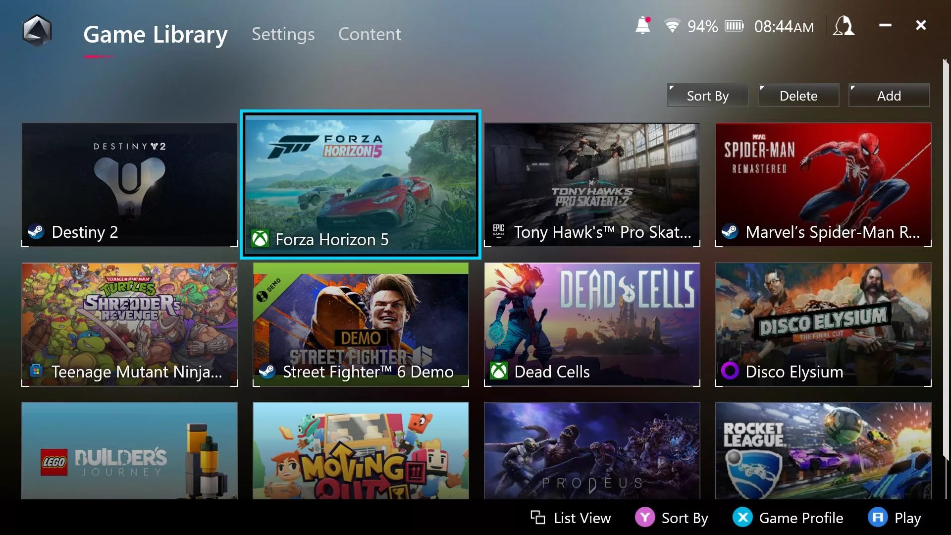 A screenshot of the Armoury Crate SE game library, with many games installed.