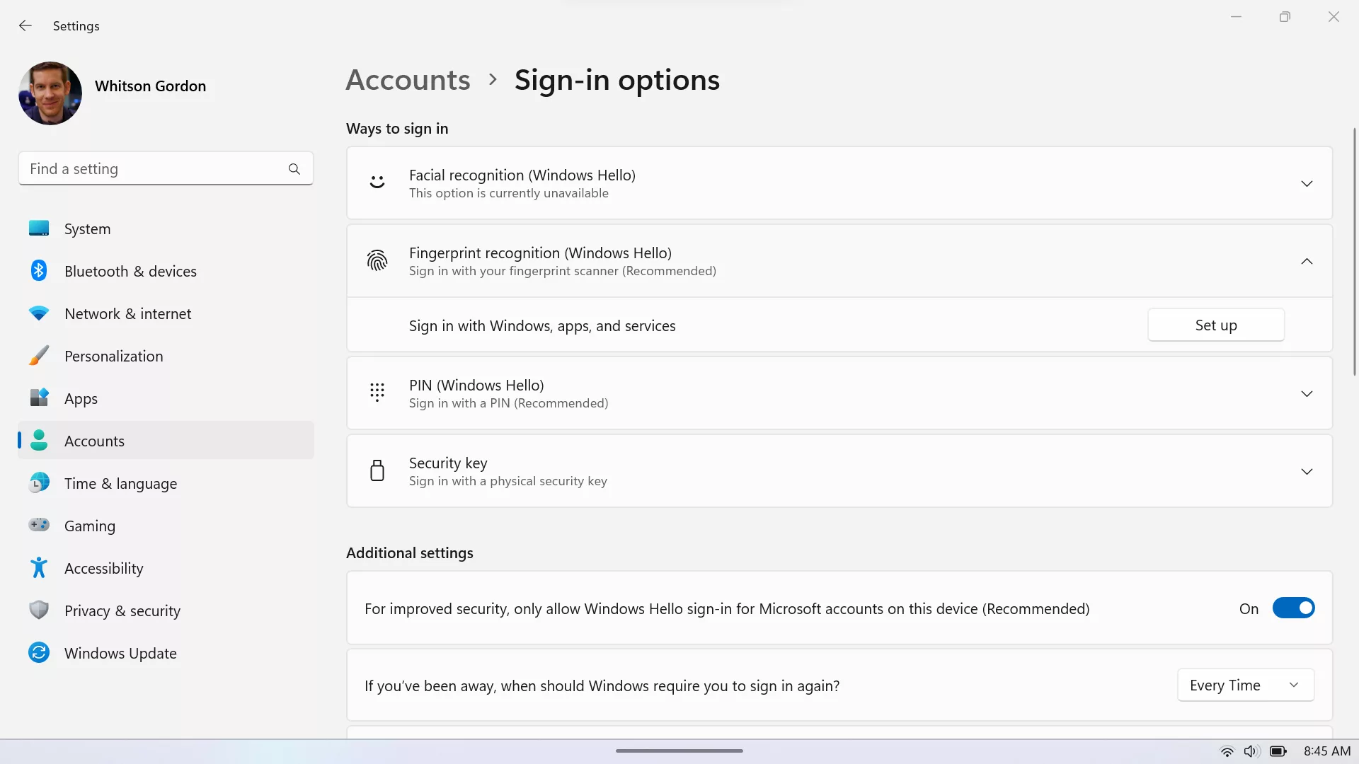 A screenshot of the Windows 11 Sign-in options menu.
