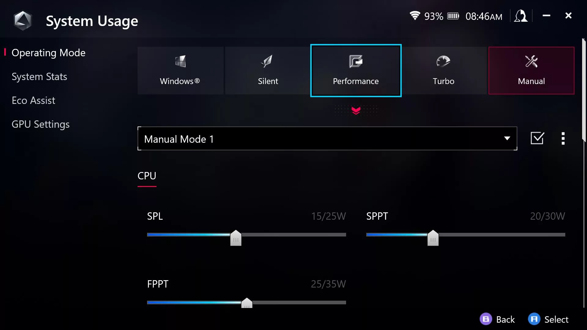 A screenshot of Armoury Crate's operating modes on the ROG Ally, showing CPU wattage for Performance mode.