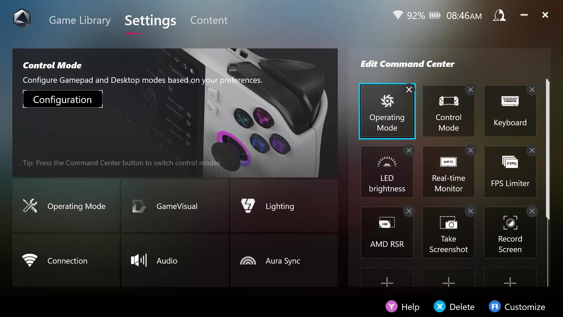 A screenshot of Armoury Crate's Settings menu, with the ability to edit Command Center functions.