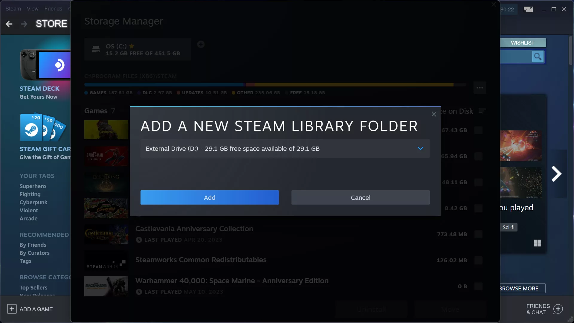 Скриншот меню Steam для добавления новой папки библиотеки.
