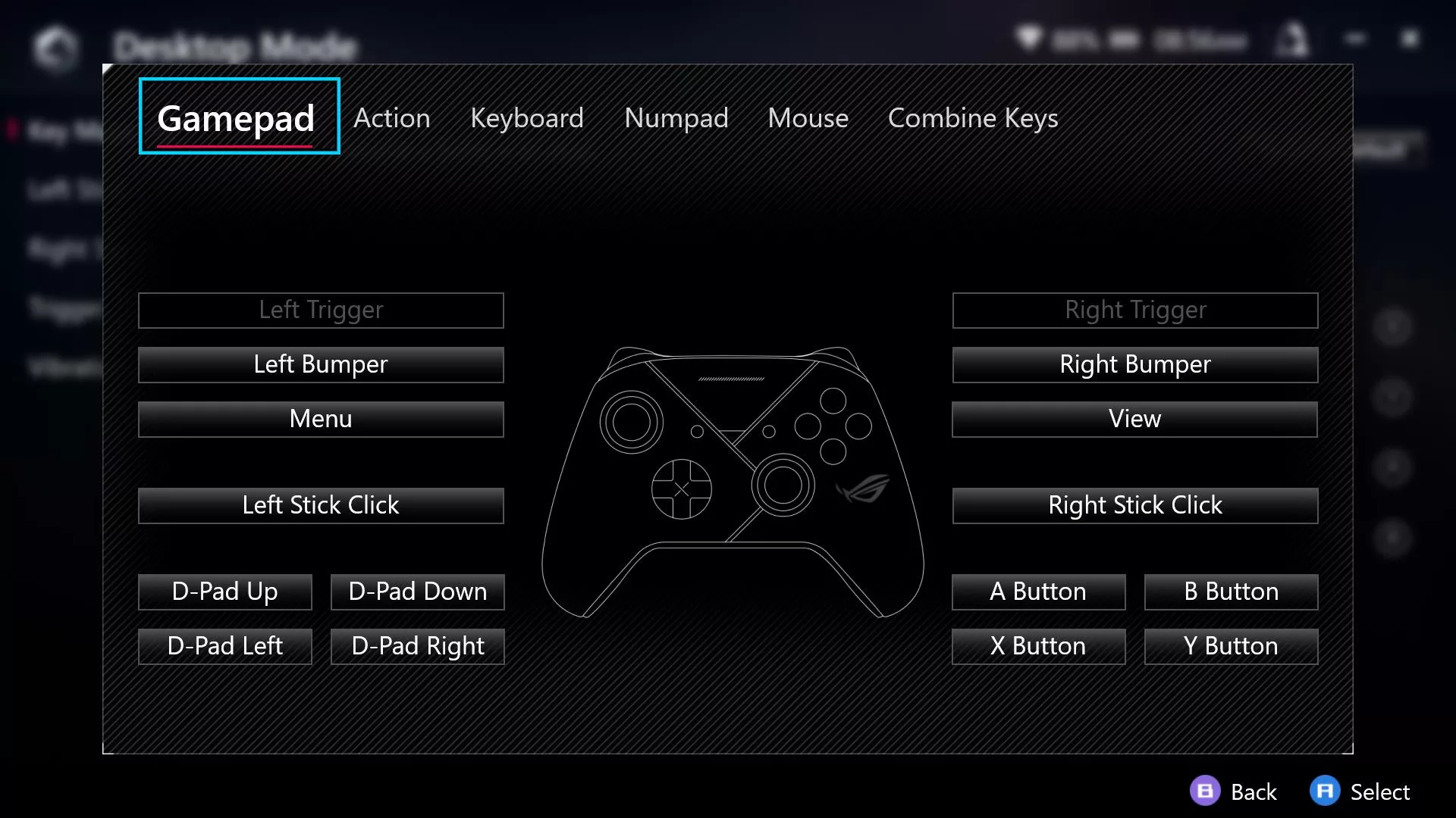 A screenshot showing an outline of a game controller, with a list of different actions availble for each button.