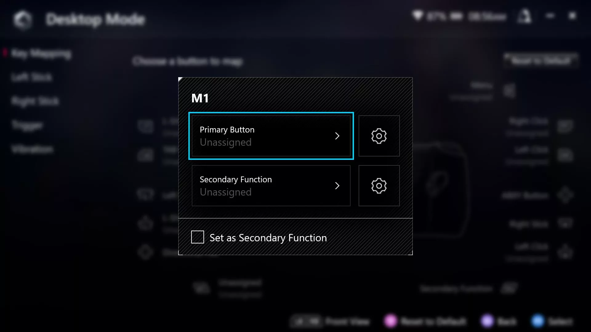 A screenshot of Armoury Crate's M1 button configuration.