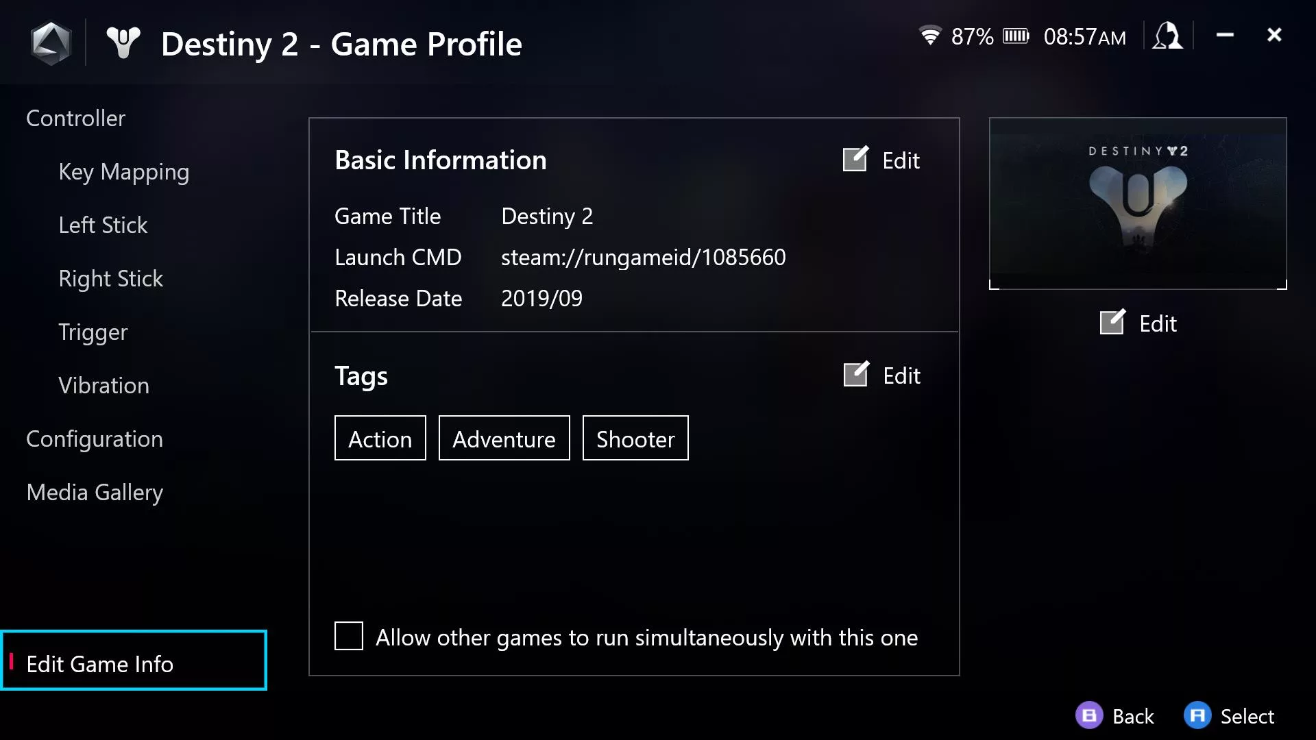 A screenshot of Amoury Crate's game profile screen showing information and art for Destiny 2.
