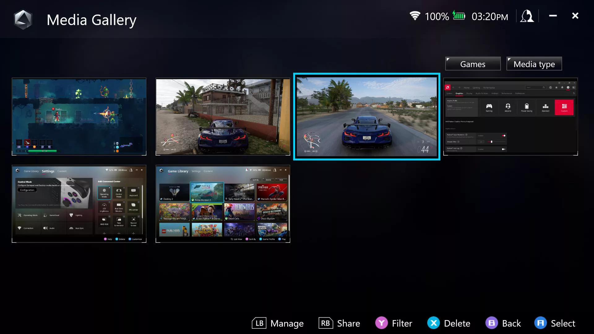 A screenshot of Armoury Crate's media gallery, with multiple gameplay screenshots shown.