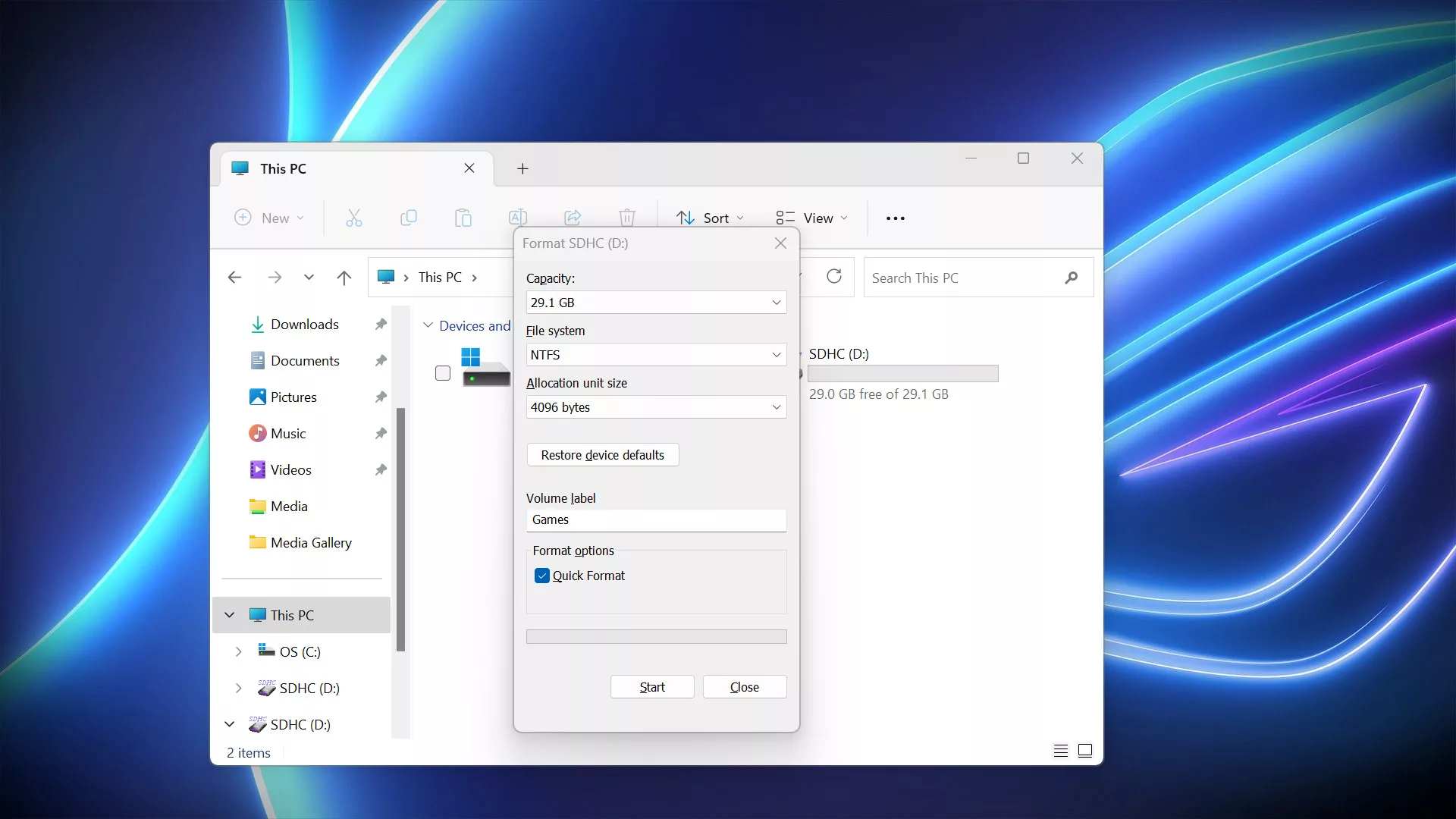 A screenshot of Windows' Format window.