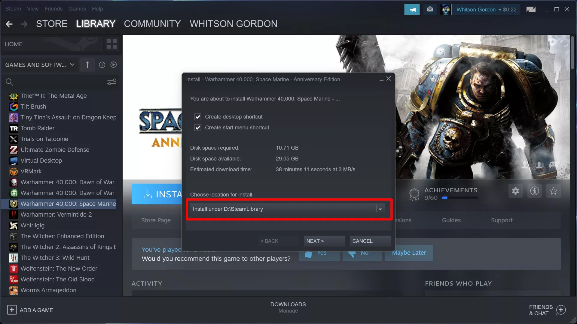 Скриншот мастера установки Steam, показывающий возможность выбора места установки.
